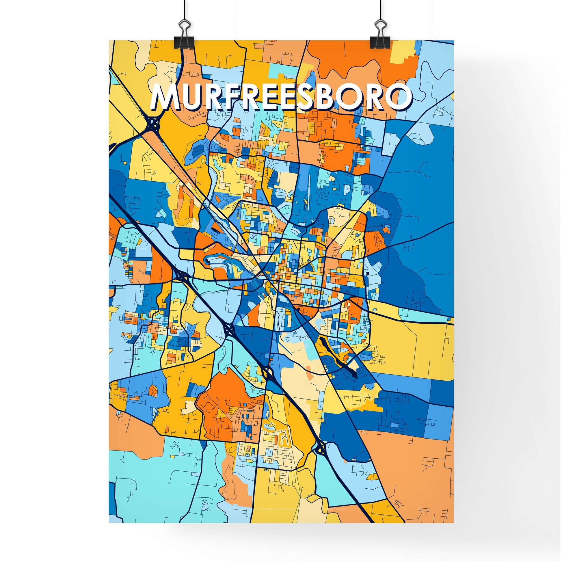 MURFREESBORO TENNESSEE Vibrant Colorful Art Map Poster Blue Orange