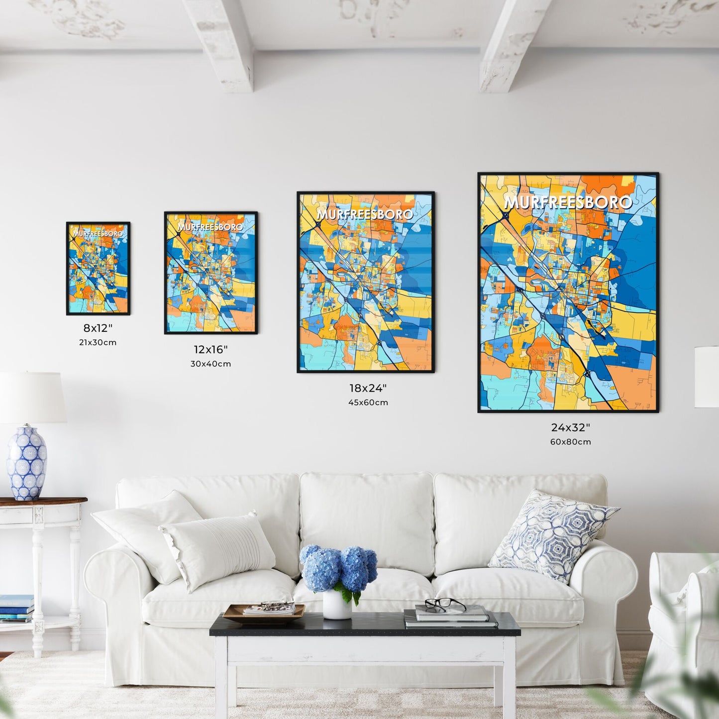 MURFREESBORO TENNESSEE Vibrant Colorful Art Map Poster Blue Orange