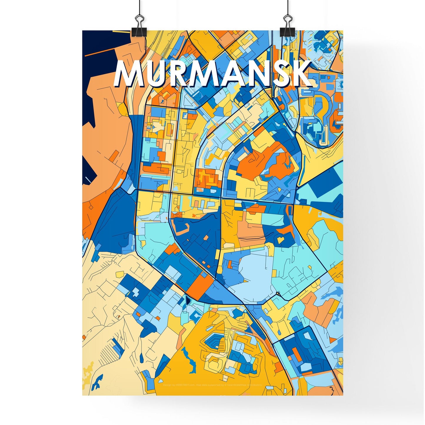 MURMANSK RUSSIA Vibrant Colorful Art Map Poster Blue Orange