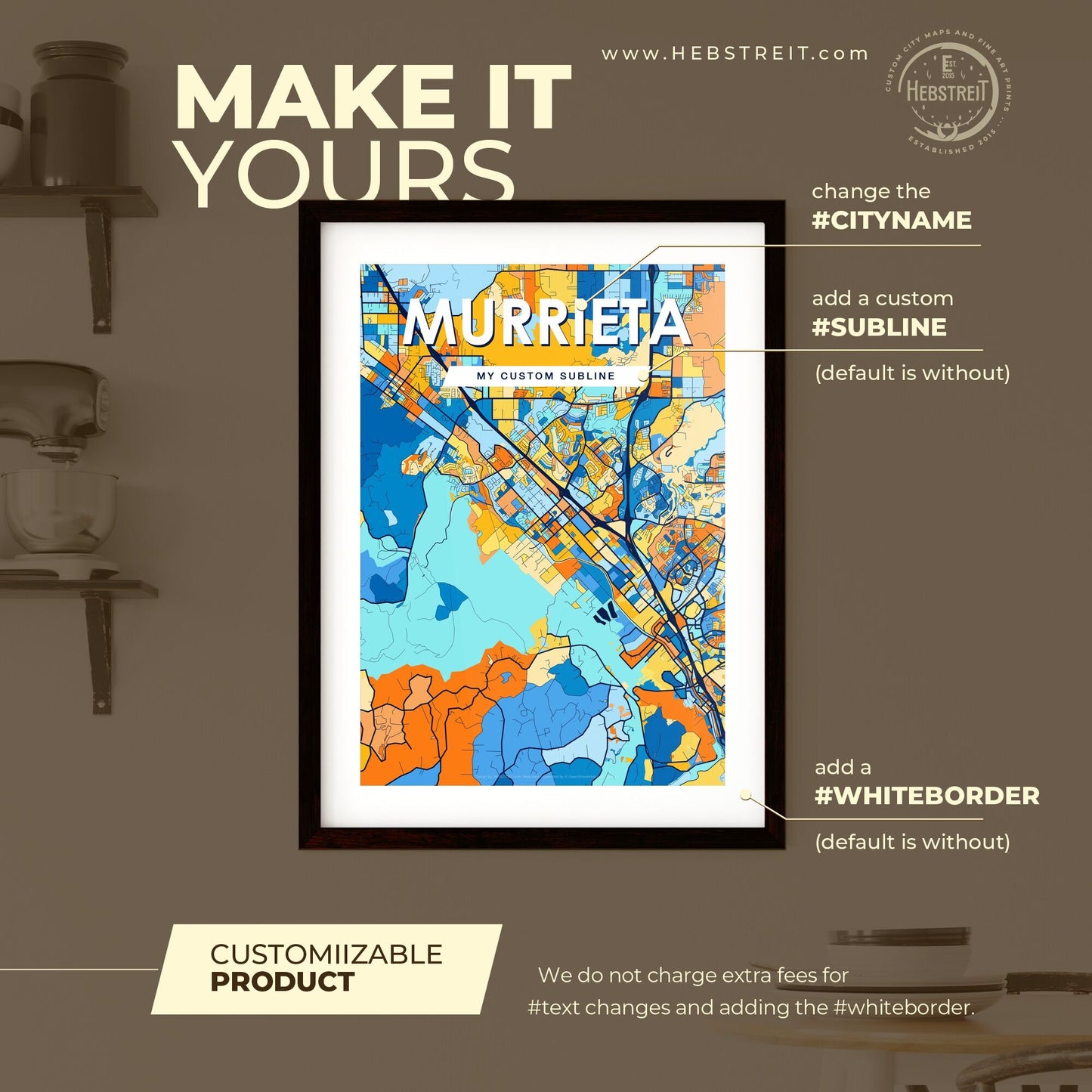 MURRIETA CALIFORNIA Vibrant Colorful Art Map Poster Blue Orange