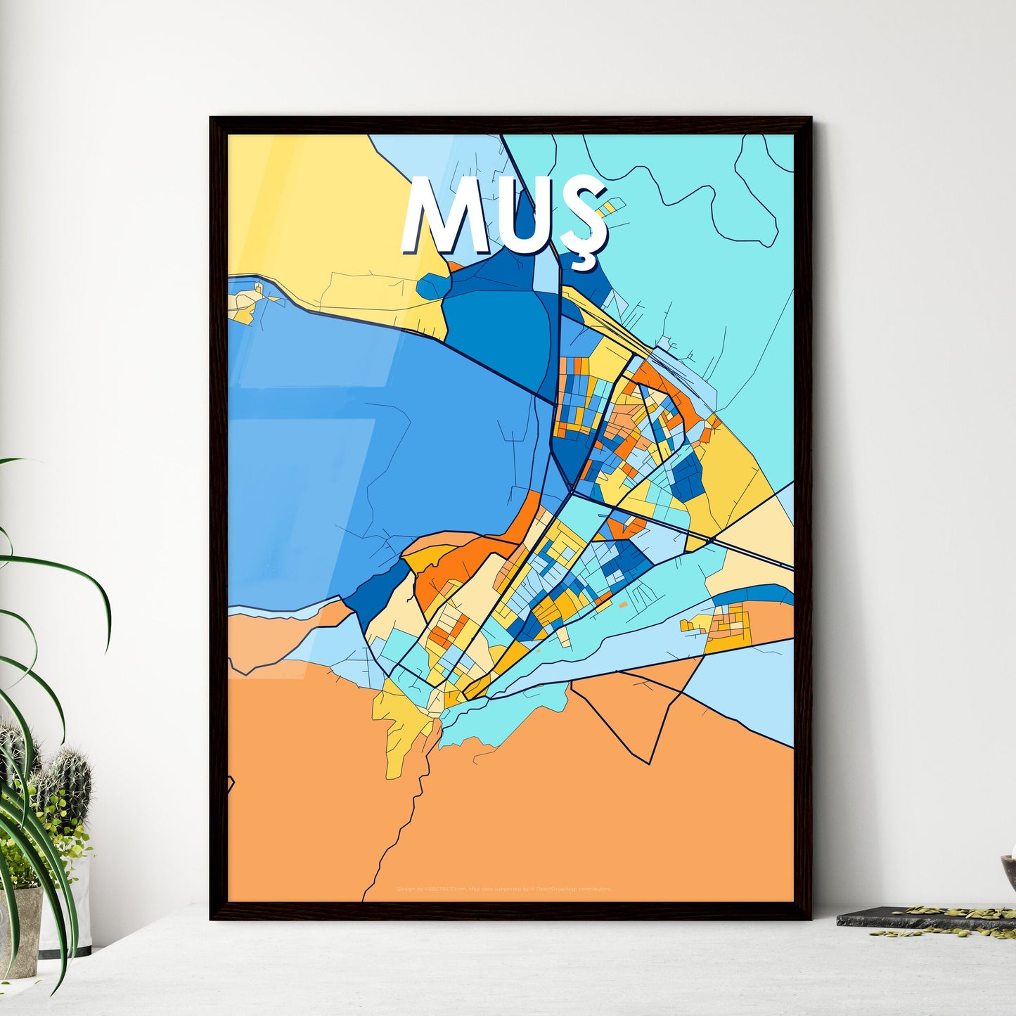 MUŞ TURKEY Vibrant Colorful Art Map Poster Blue Orange