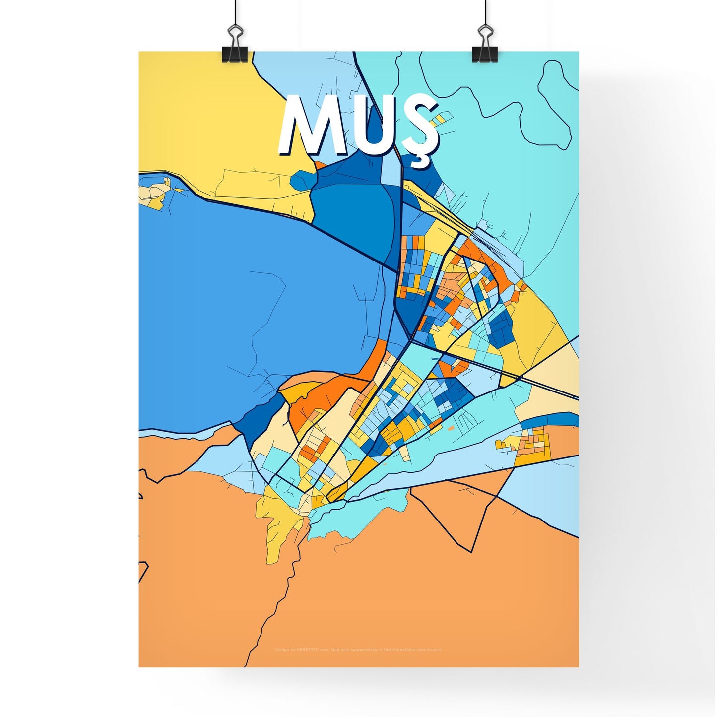 MUŞ TURKEY Vibrant Colorful Art Map Poster Blue Orange