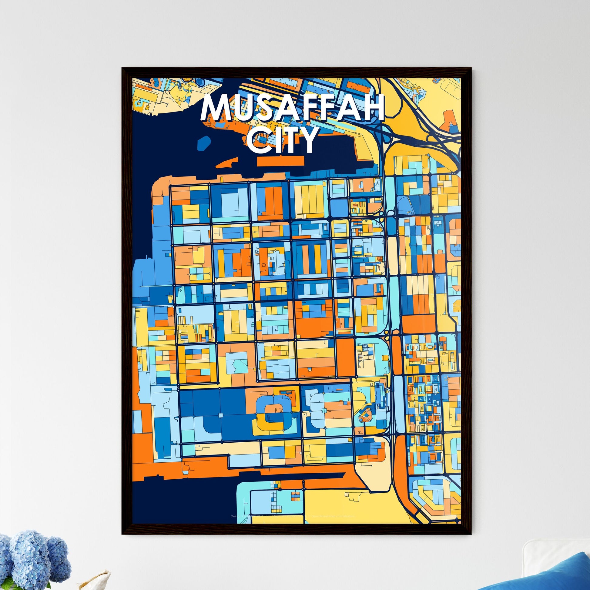 MUSAFFAH CITY UNITED ARAB EMIRATES Vibrant Colorful Art Map Poster Blue Orange