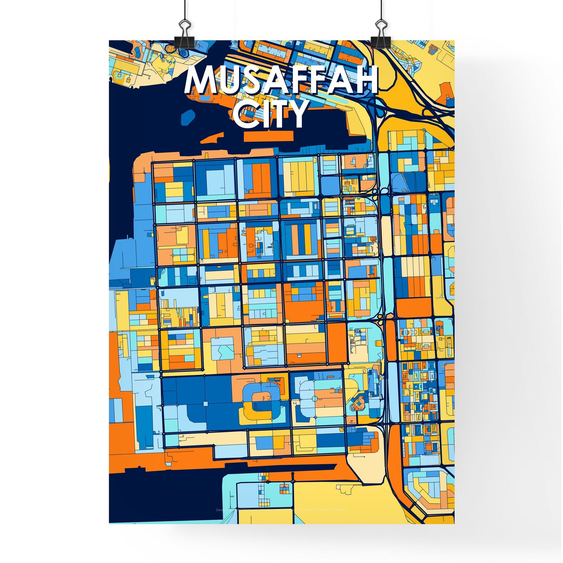 MUSAFFAH CITY UNITED ARAB EMIRATES Vibrant Colorful Art Map Poster Blue Orange