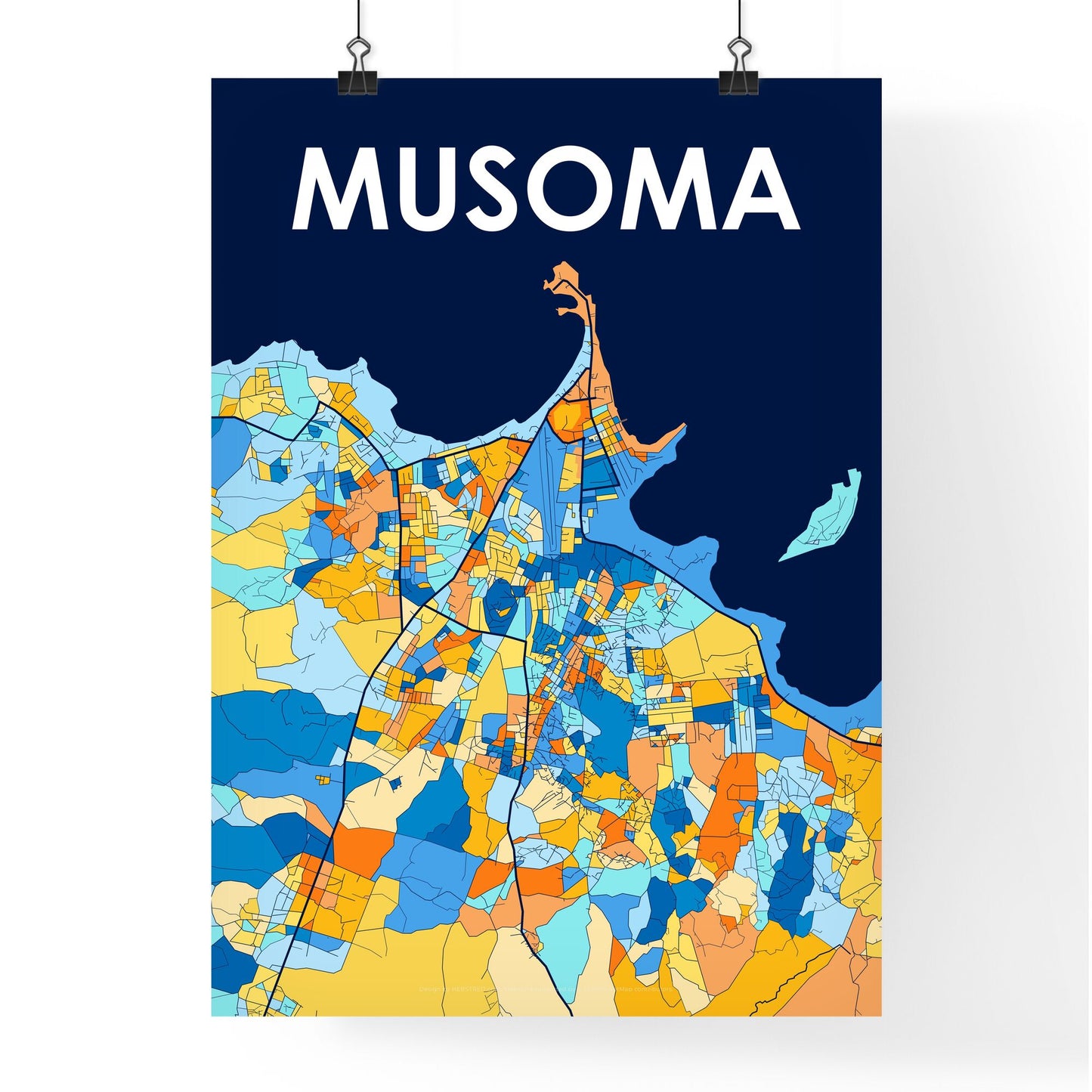 MUSOMA TANZANIA Vibrant Colorful Art Map Poster Blue Orange