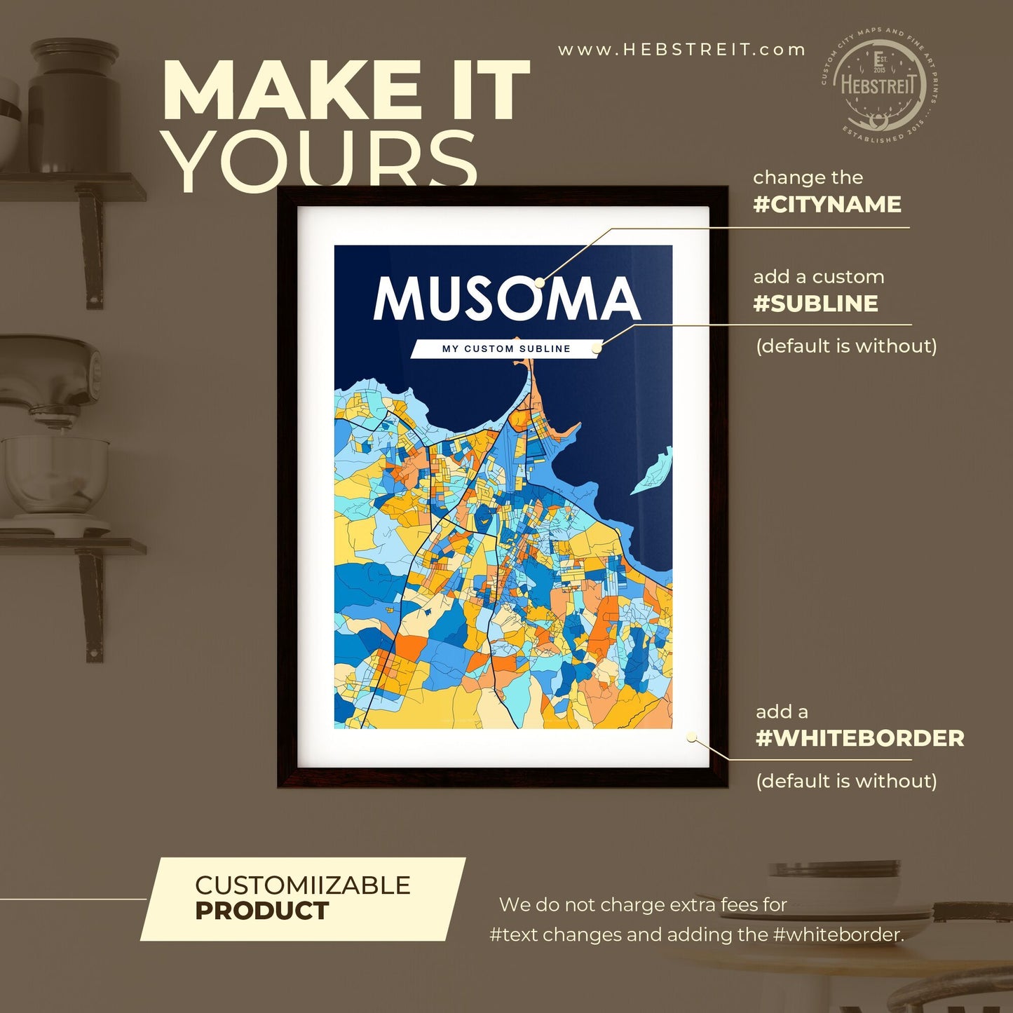 MUSOMA TANZANIA Vibrant Colorful Art Map Poster Blue Orange