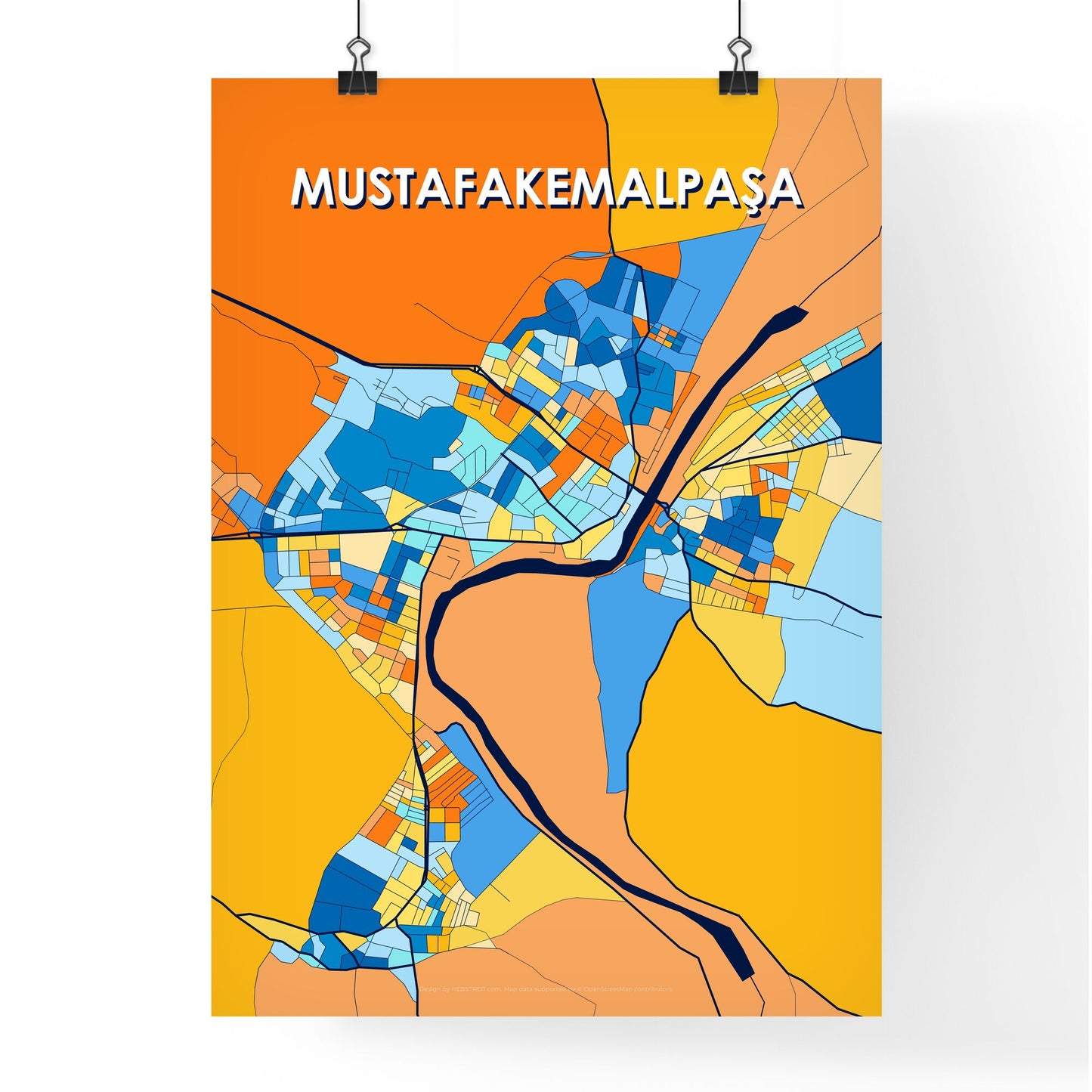 MUSTAFAKEMALPAŞA TURKEY Vibrant Colorful Art Map Poster Blue Orange