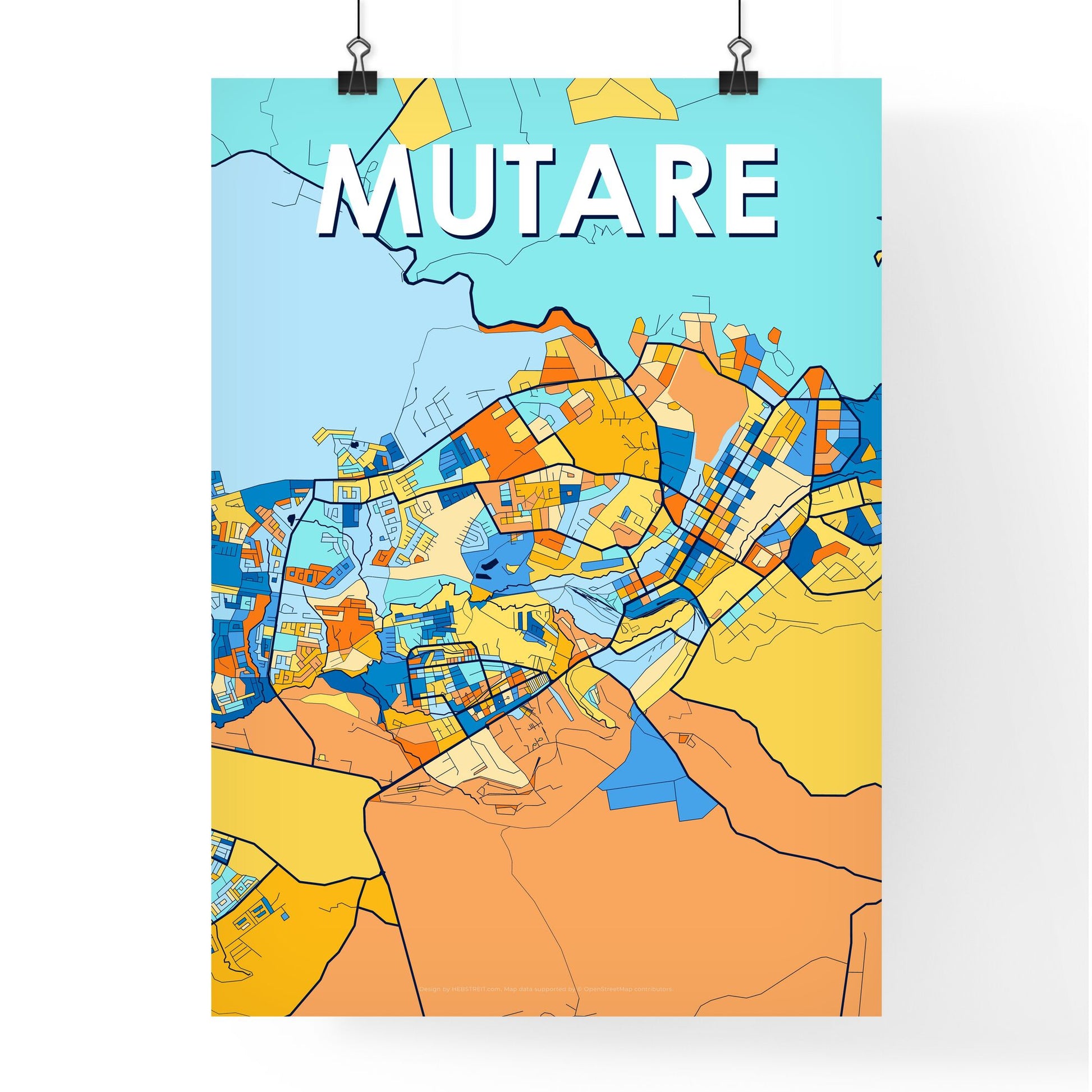 MUTARE ZIMBABWE Vibrant Colorful Art Map Poster Blue Orange