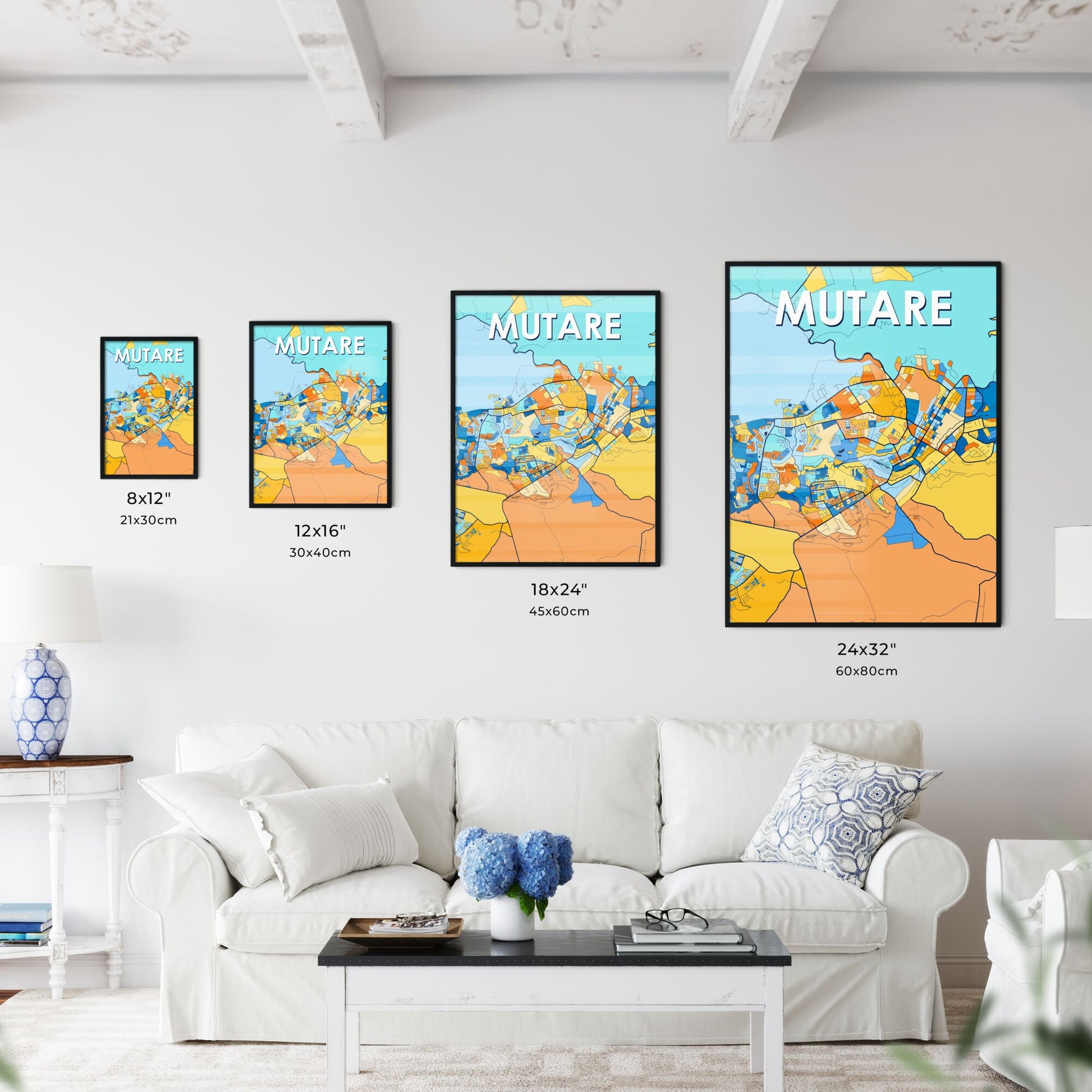 MUTARE ZIMBABWE Vibrant Colorful Art Map Poster Blue Orange