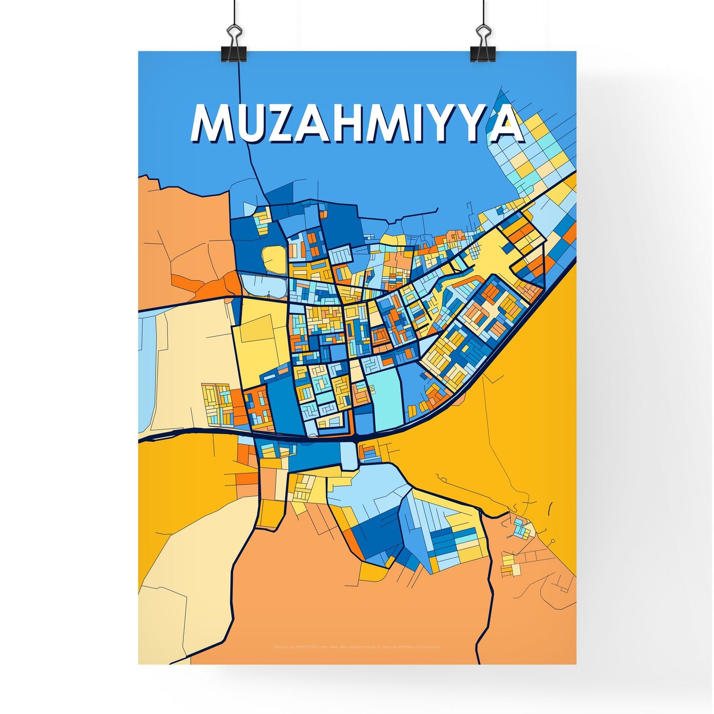 MUZAHMIYYA SAUDI ARABIA Vibrant Colorful Art Map Poster Blue Orange