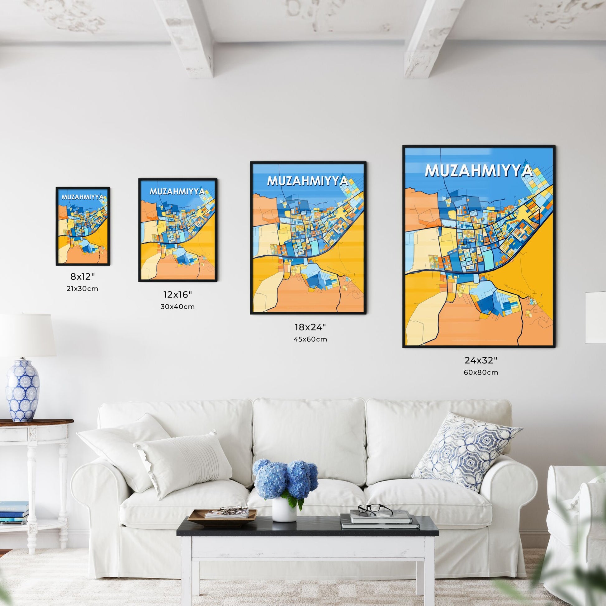 MUZAHMIYYA SAUDI ARABIA Vibrant Colorful Art Map Poster Blue Orange