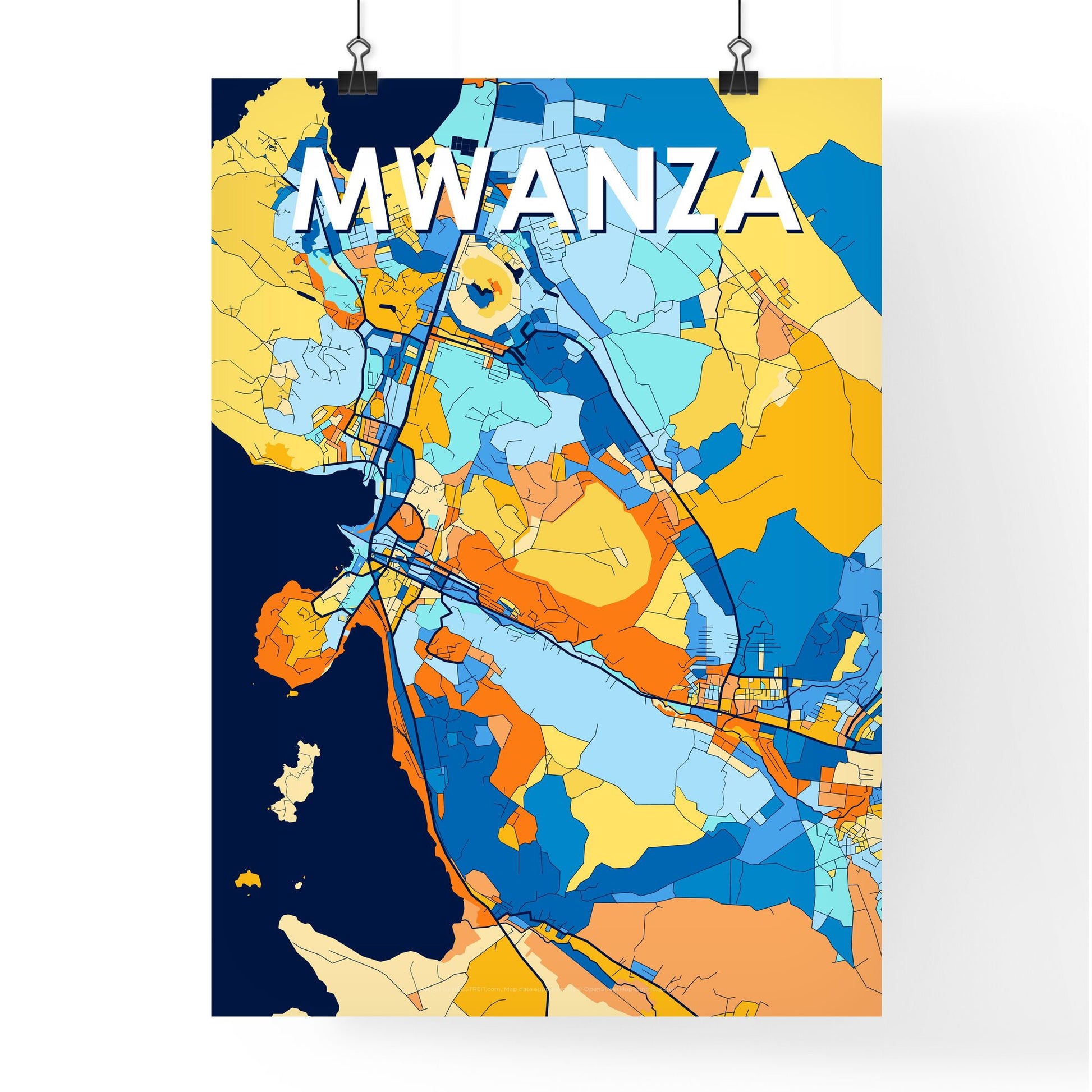 MWANZA TANZANIA Vibrant Colorful Art Map Poster Blue Orange