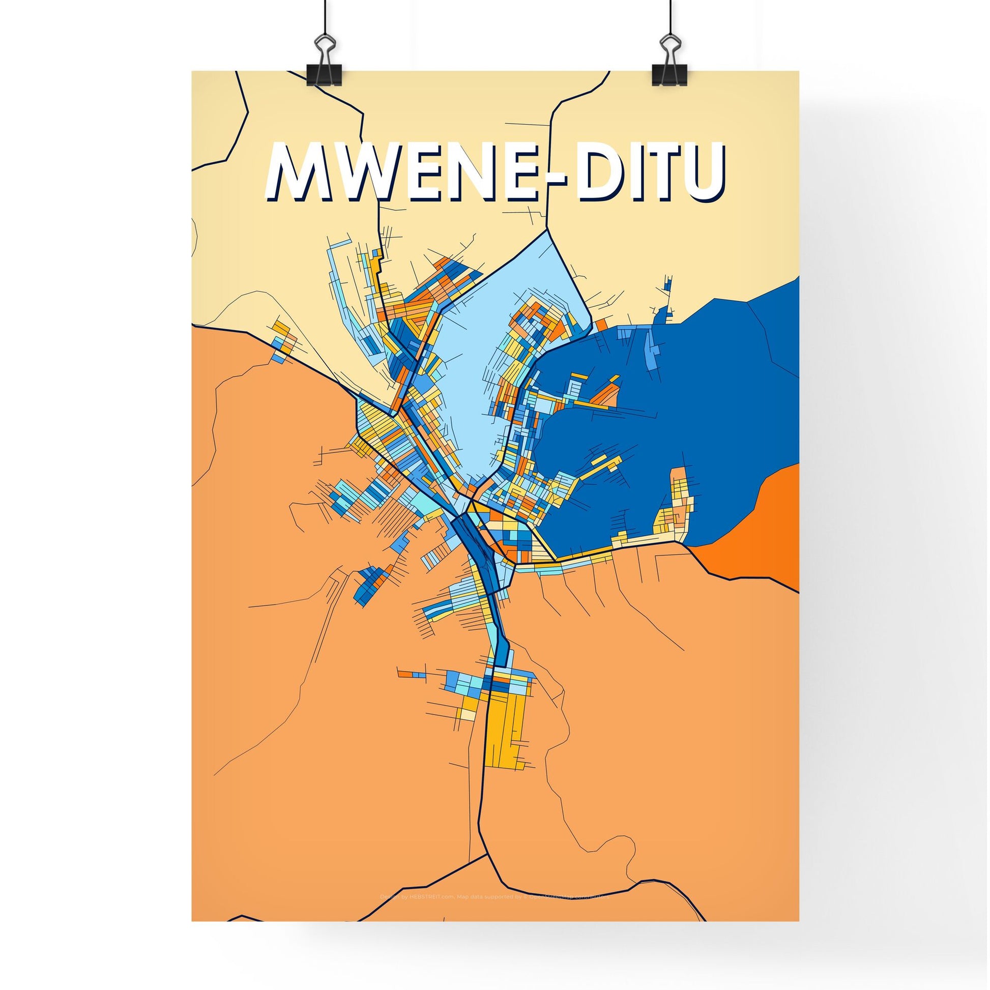 MWENE-DITU DR CONGO Vibrant Colorful Art Map Poster Blue Orange