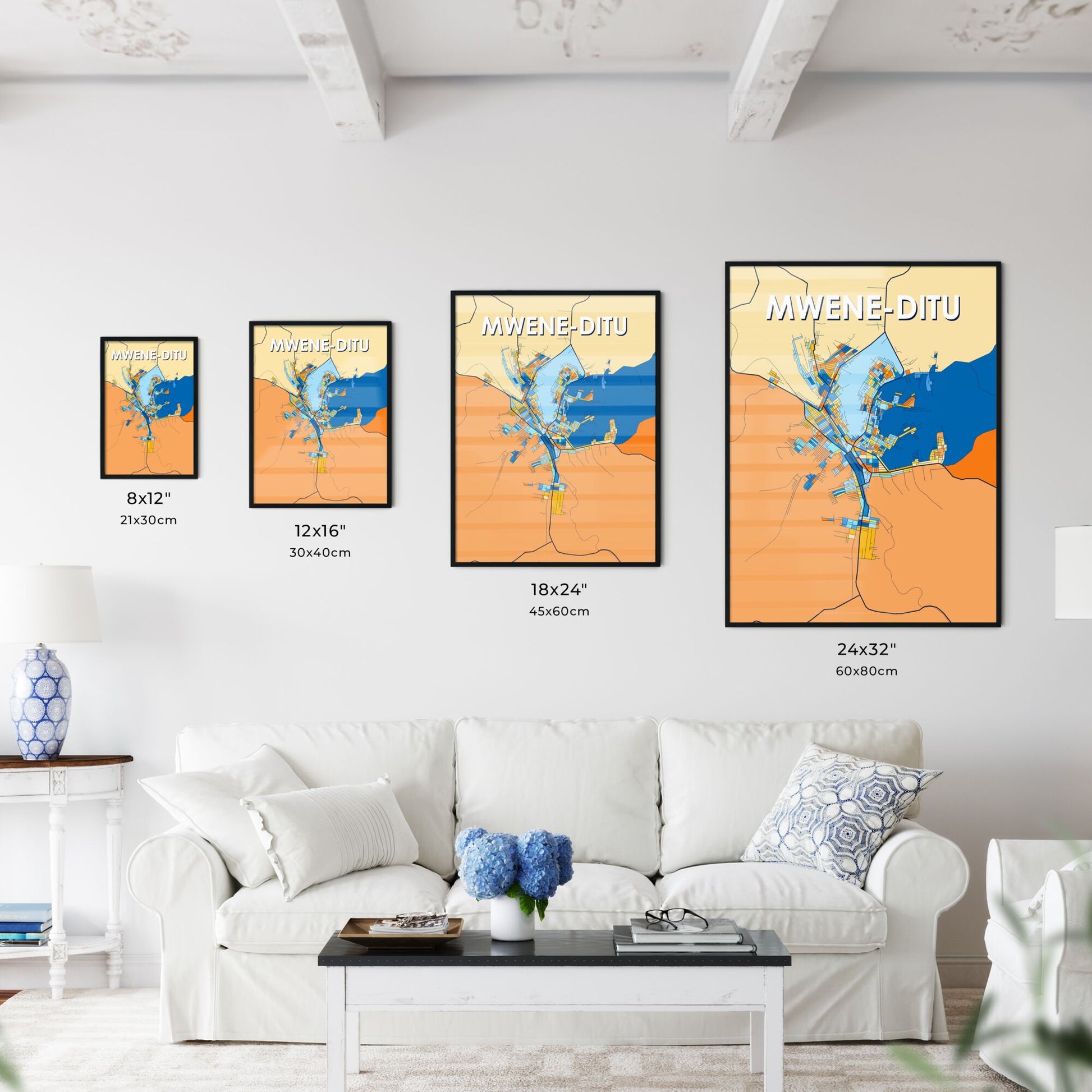 MWENE-DITU DR CONGO Vibrant Colorful Art Map Poster Blue Orange