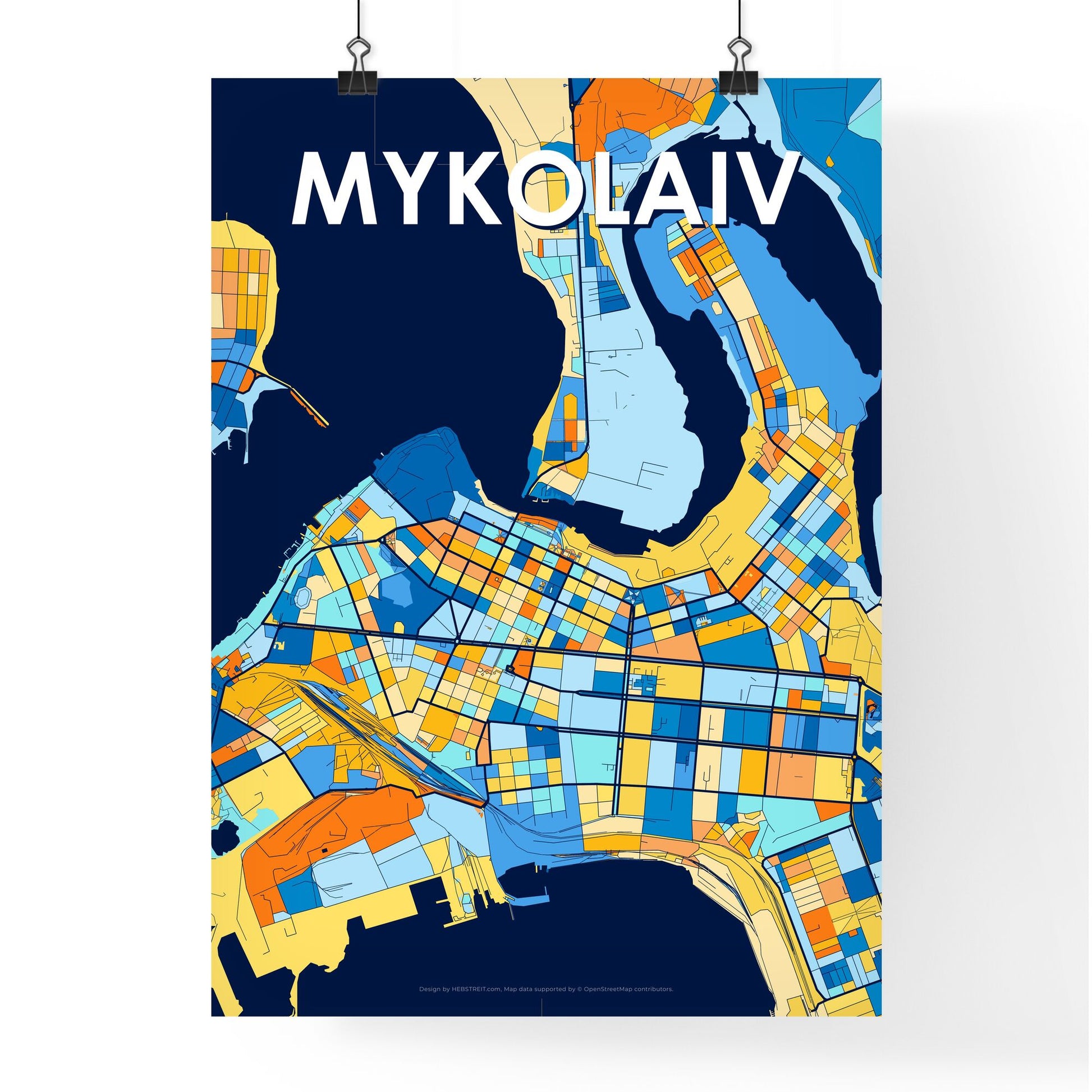 MYKOLAIV UKRAINE Vibrant Colorful Art Map Poster Blue Orange