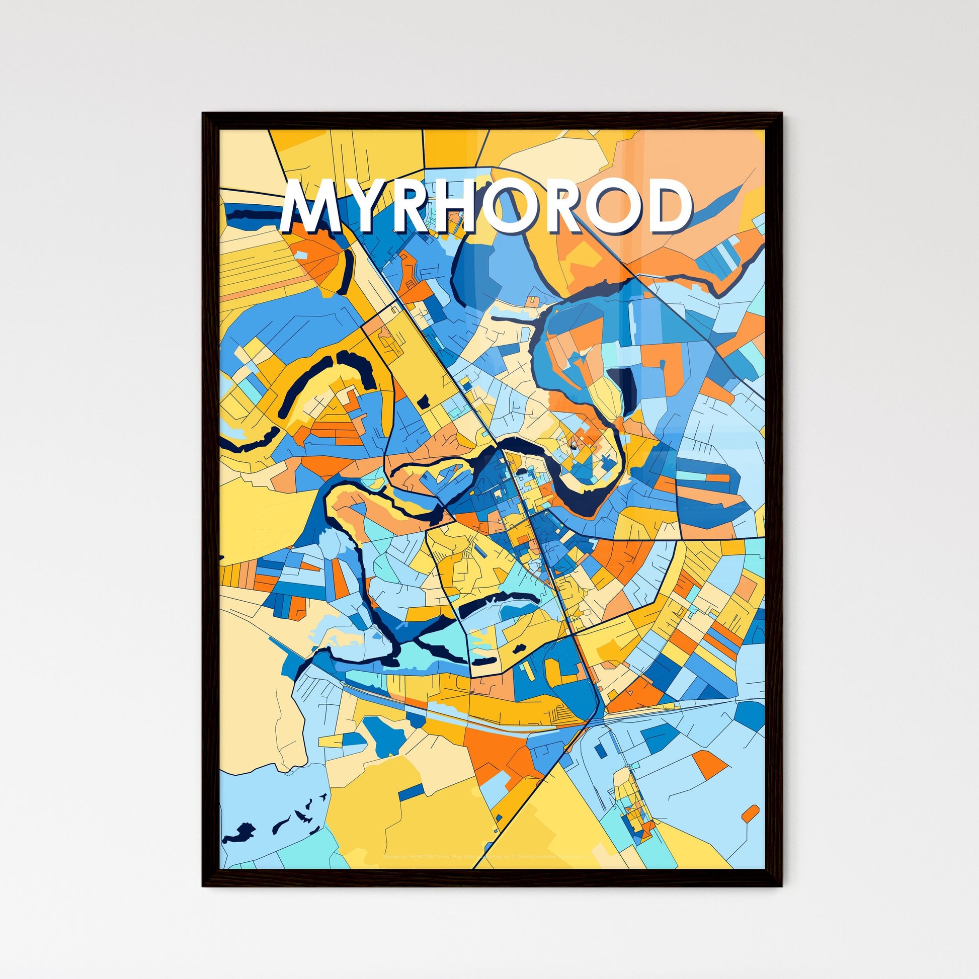 MYRHOROD UKRAINE Vibrant Colorful Art Map Poster Blue Orange