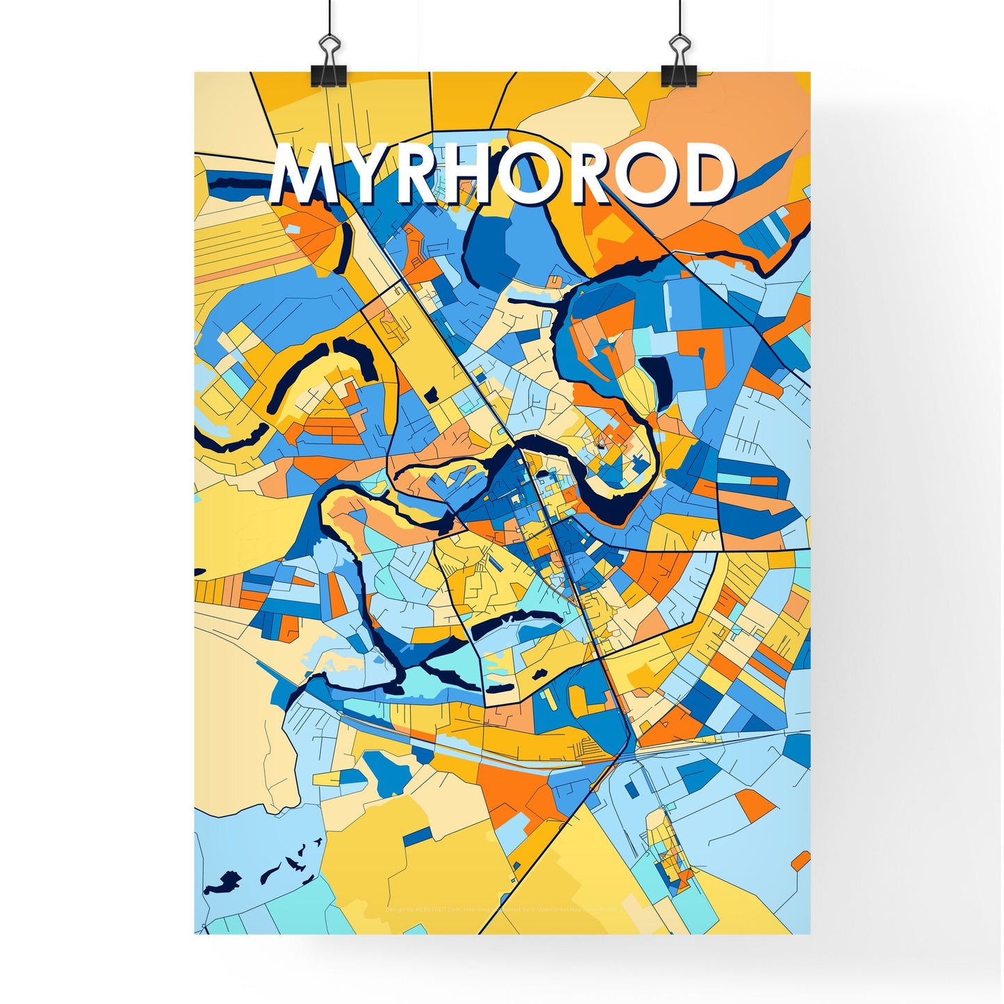 MYRHOROD UKRAINE Vibrant Colorful Art Map Poster Blue Orange