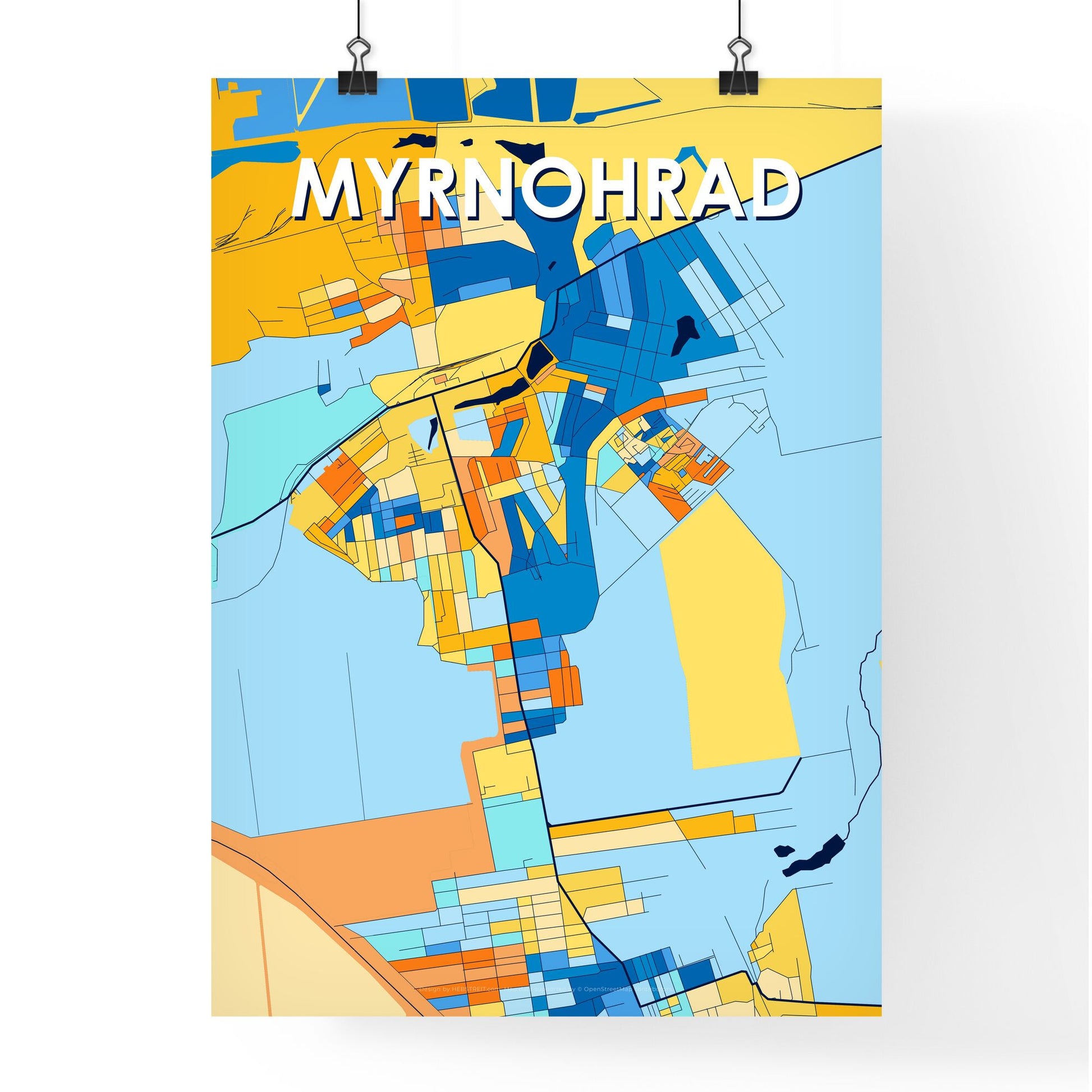 MYRNOHRAD UKRAINE Vibrant Colorful Art Map Poster Blue Orange