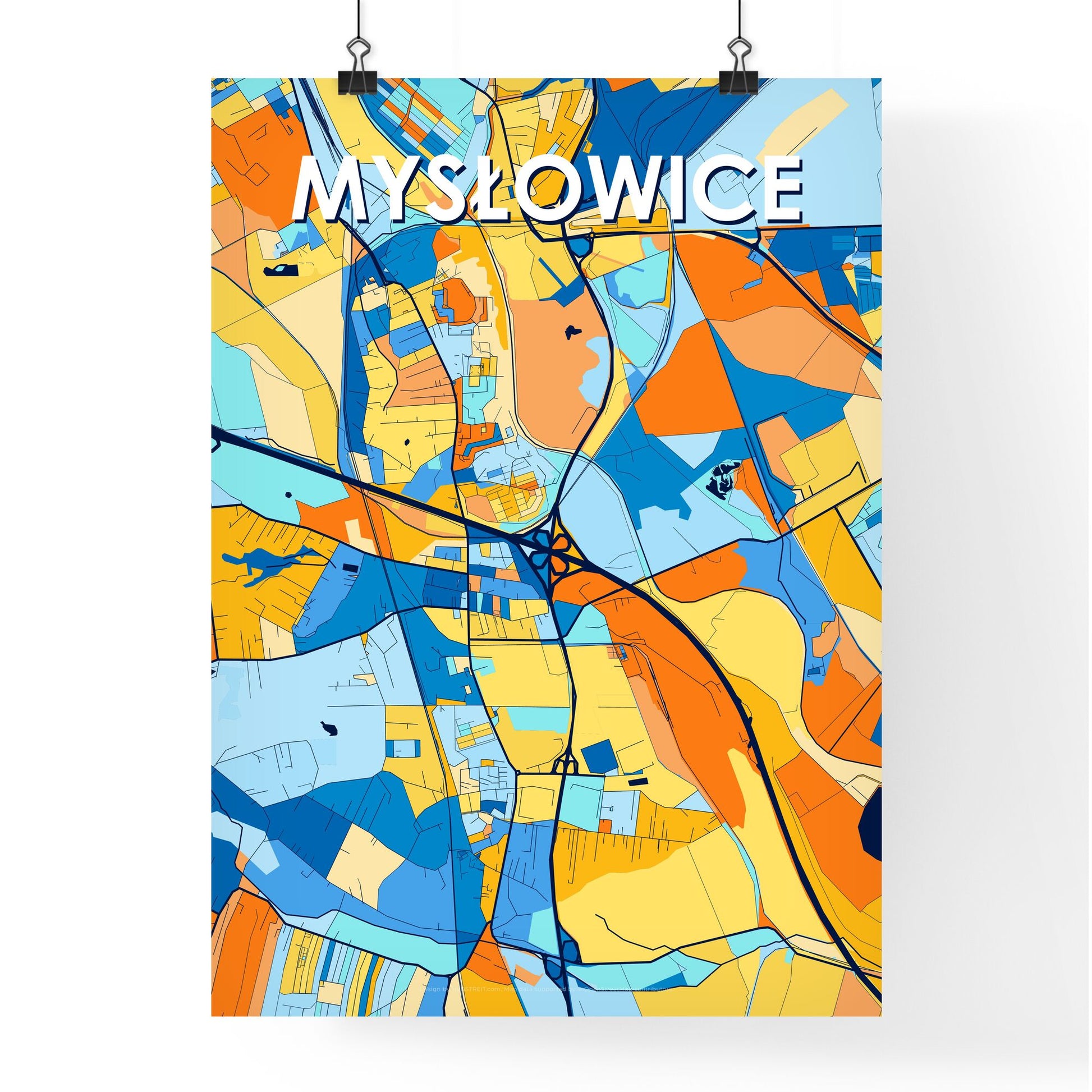 MYSŁOWICE POLAND Vibrant Colorful Art Map Poster Blue Orange