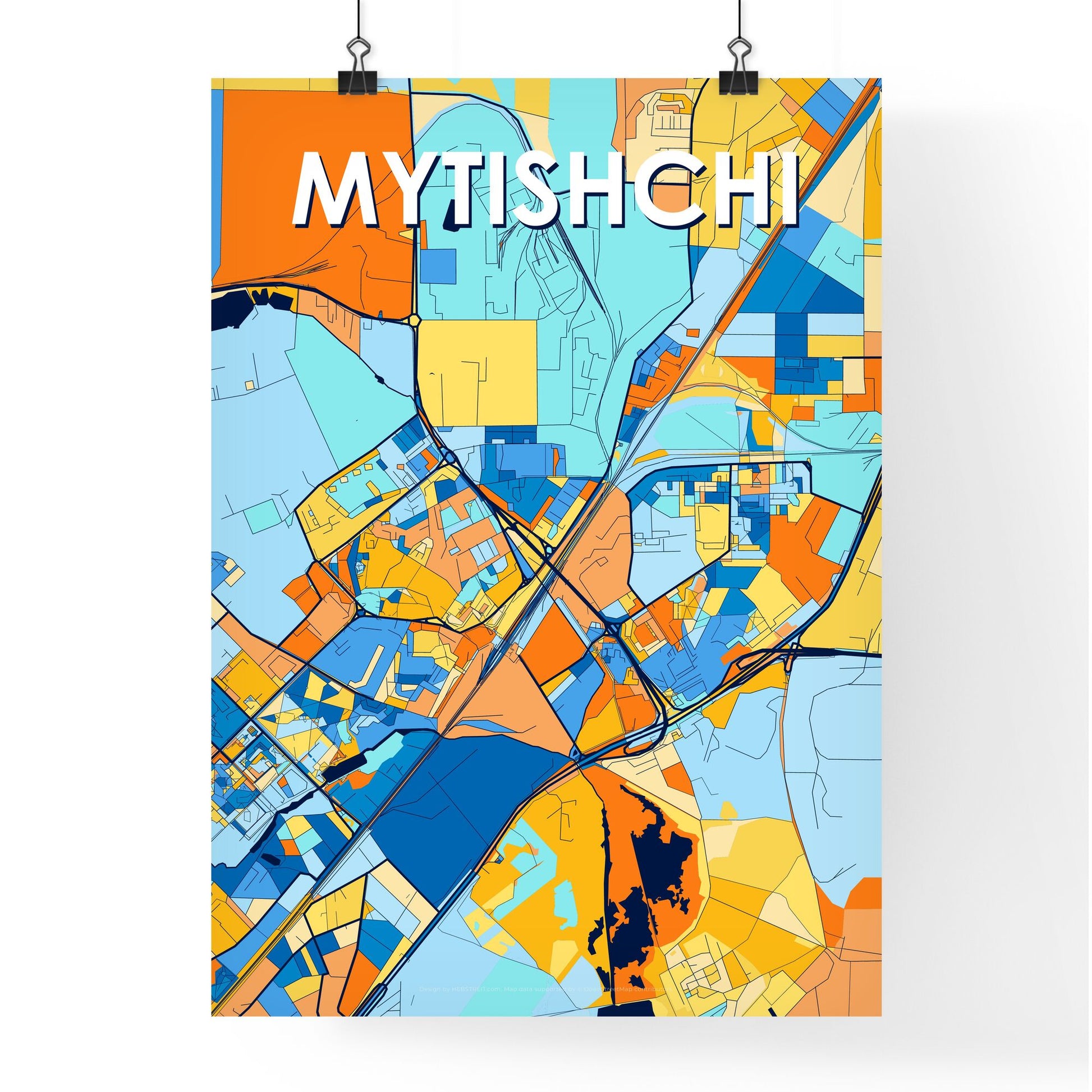 MYTISHCHI RUSSIA Vibrant Colorful Art Map Poster Blue Orange