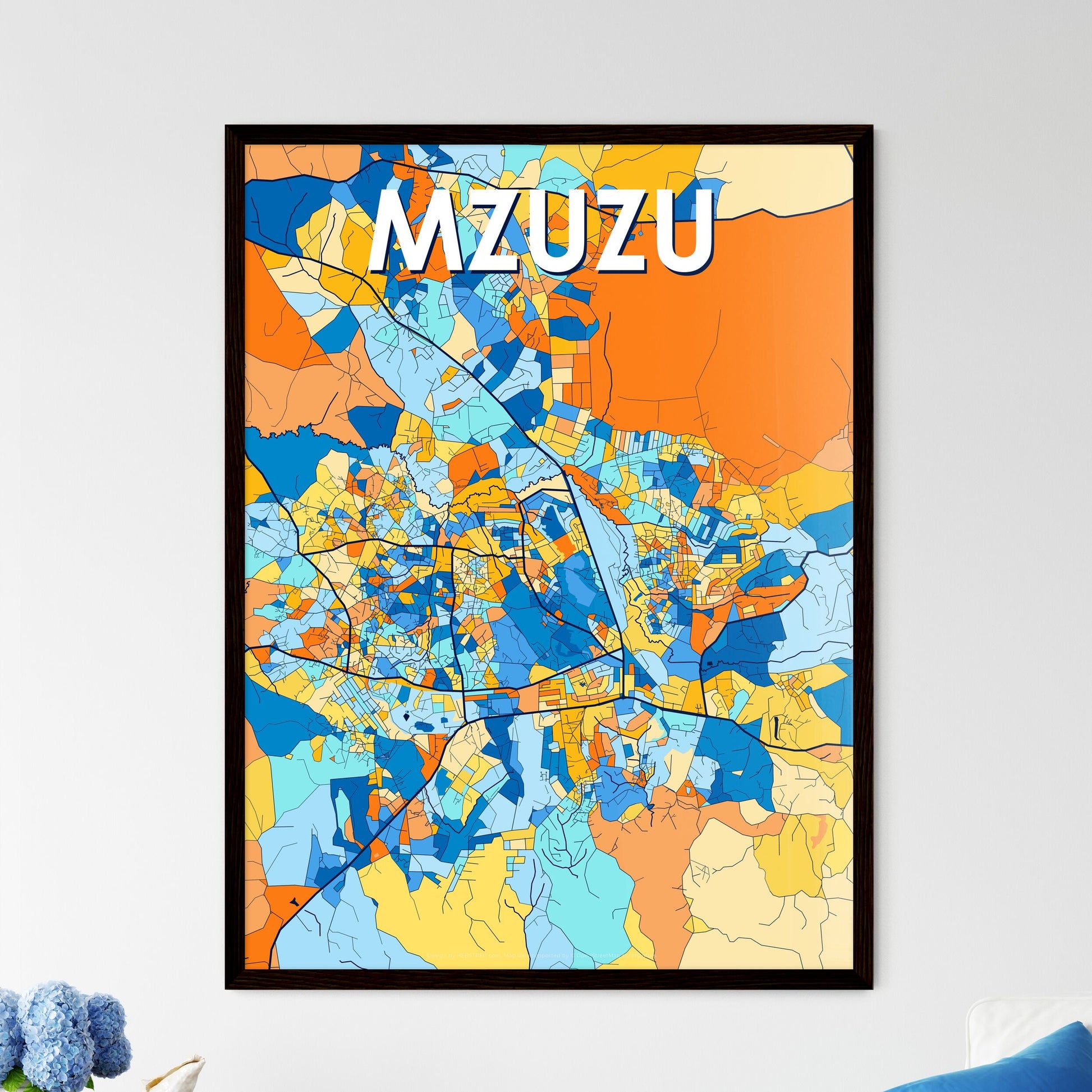 MZUZU MALAWI Vibrant Colorful Art Map Poster Blue Orange