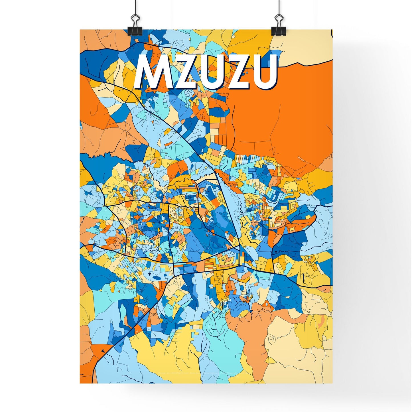 MZUZU MALAWI Vibrant Colorful Art Map Poster Blue Orange