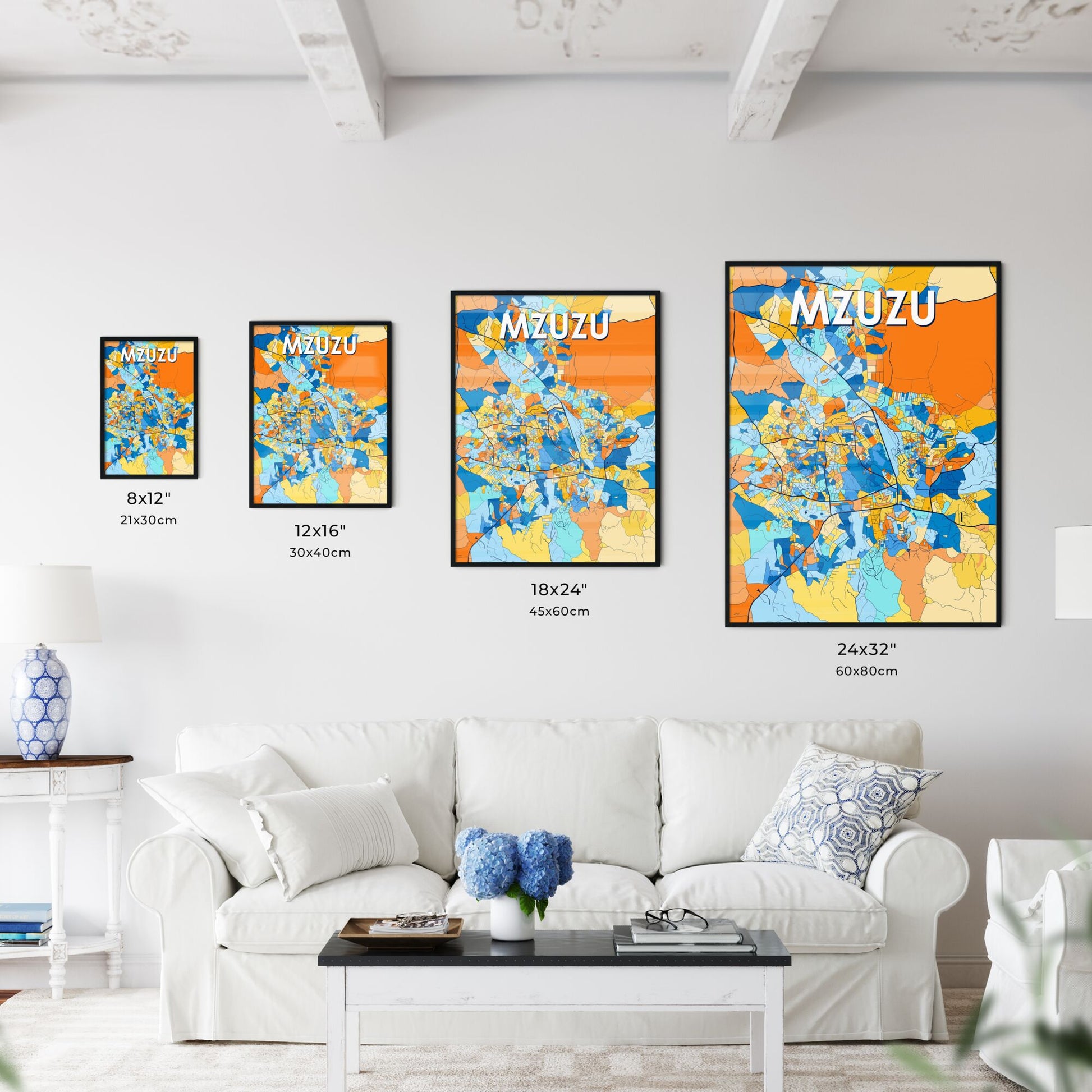 MZUZU MALAWI Vibrant Colorful Art Map Poster Blue Orange