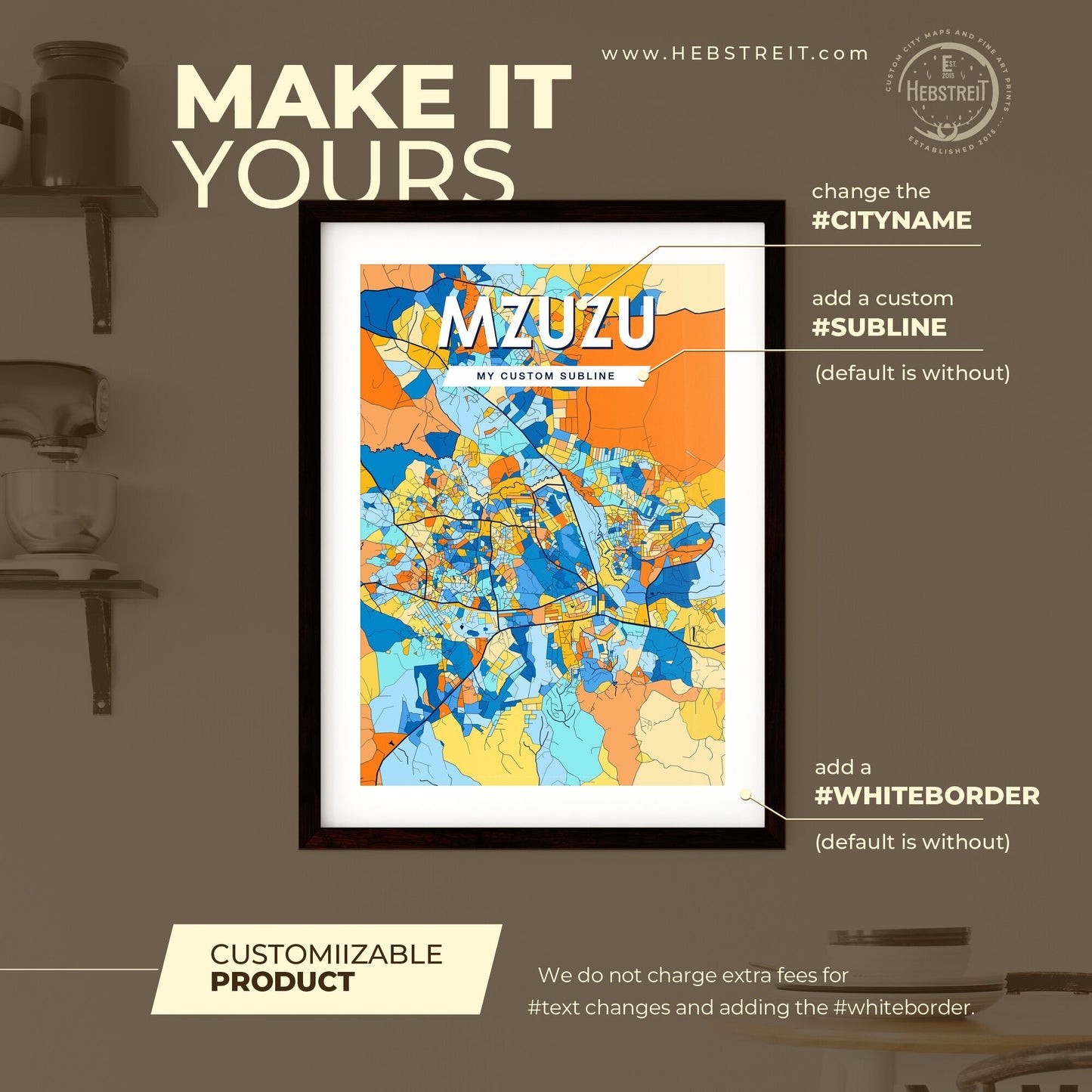 MZUZU MALAWI Vibrant Colorful Art Map Poster Blue Orange