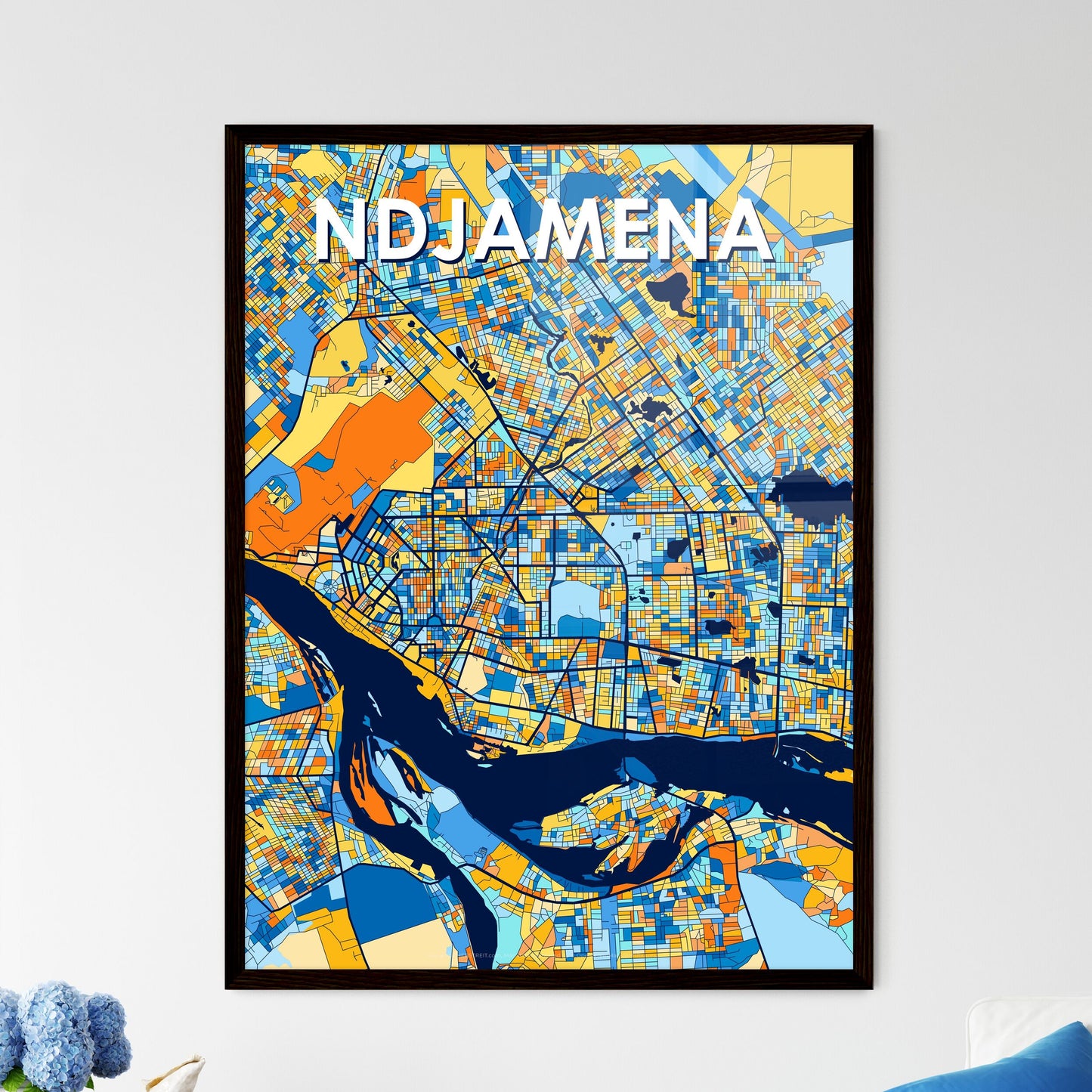 NDJAMENA CHAD Vibrant Colorful Art Map Poster Blue Orange