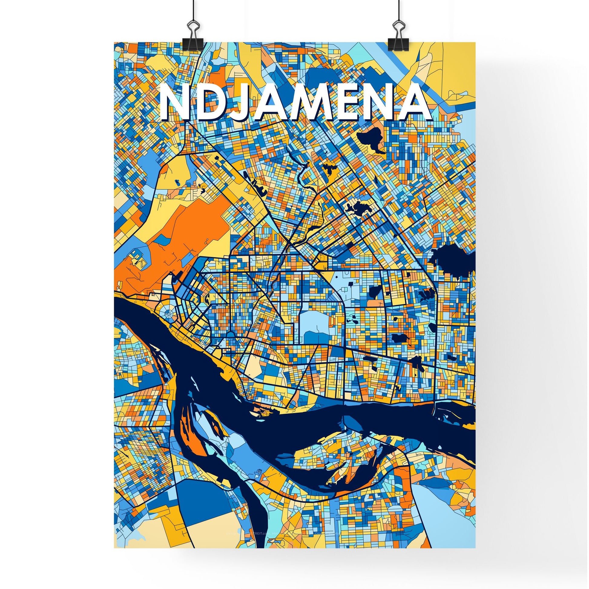 NDJAMENA CHAD Vibrant Colorful Art Map Poster Blue Orange