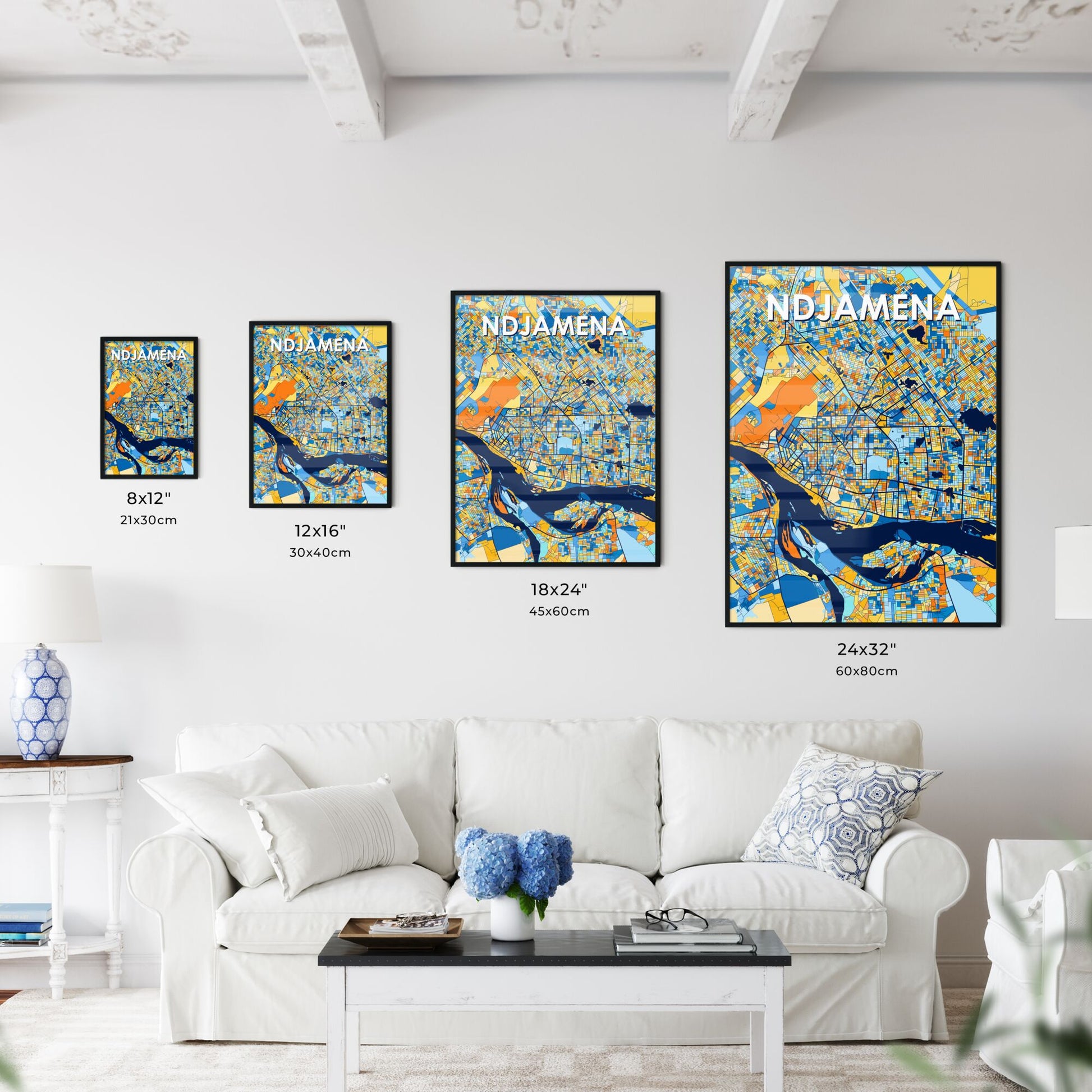 NDJAMENA CHAD Vibrant Colorful Art Map Poster Blue Orange