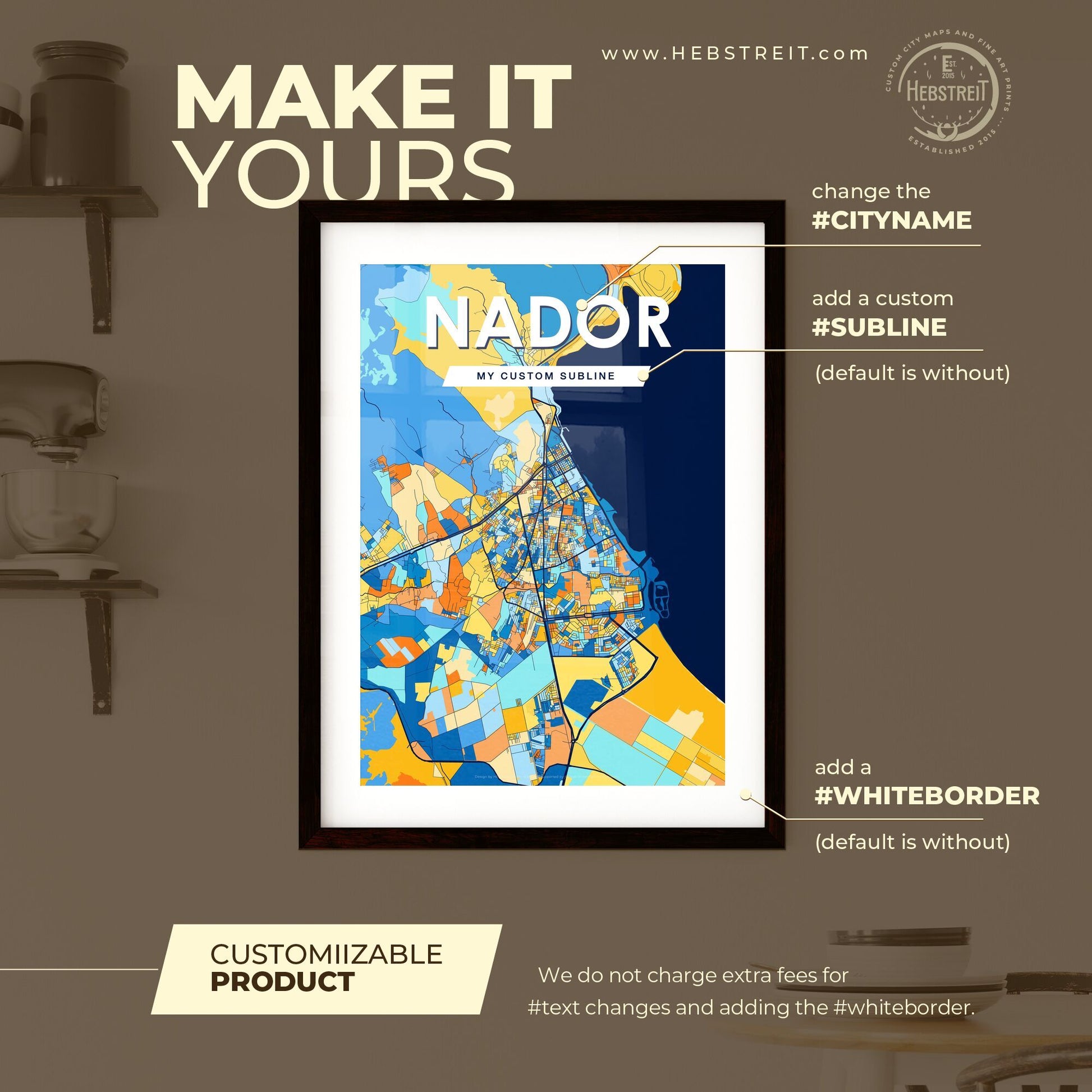 NADOR MOROCCO Vibrant Colorful Art Map Poster Blue Orange