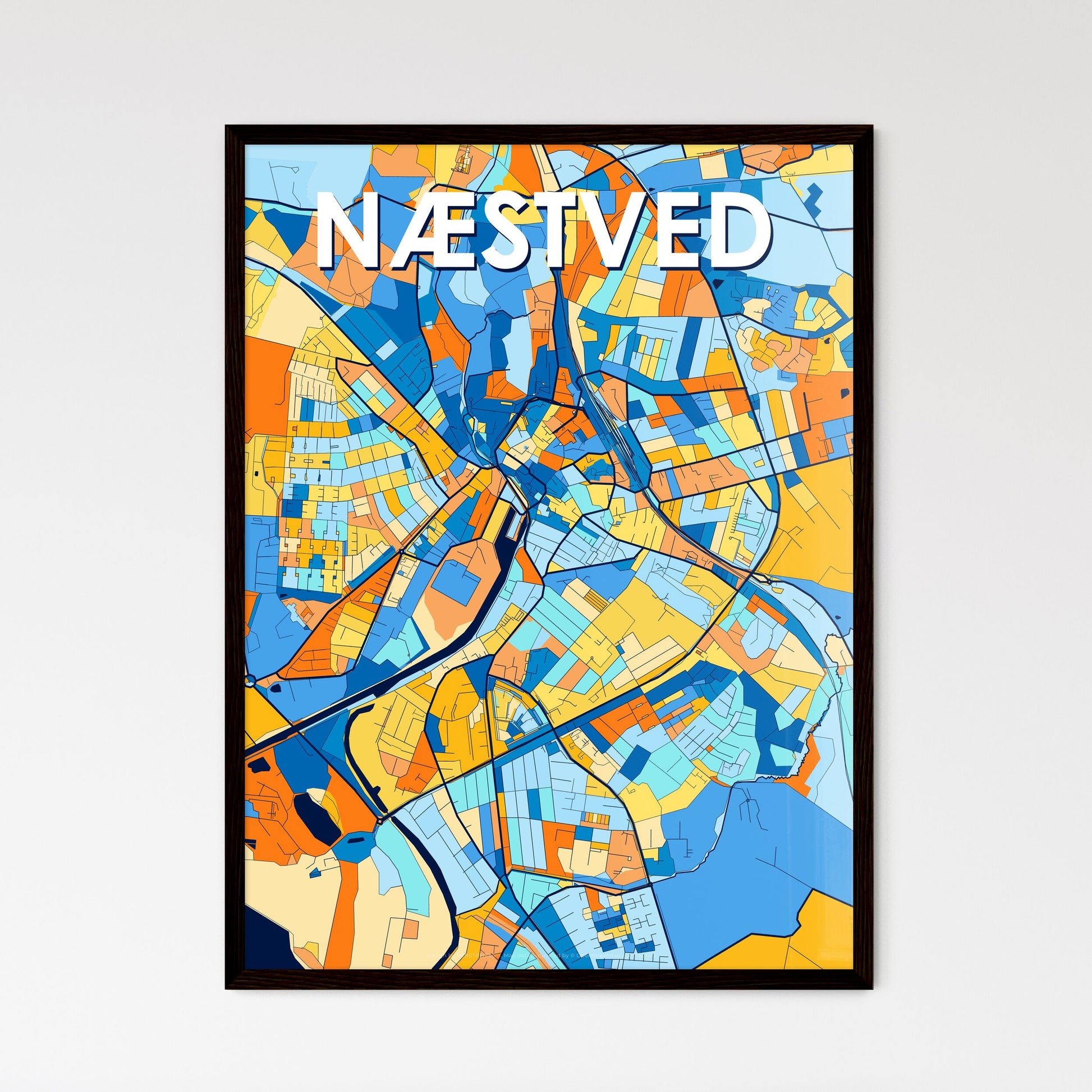 NÆSTVED DENMARK Vibrant Colorful Art Map Poster Blue Orange