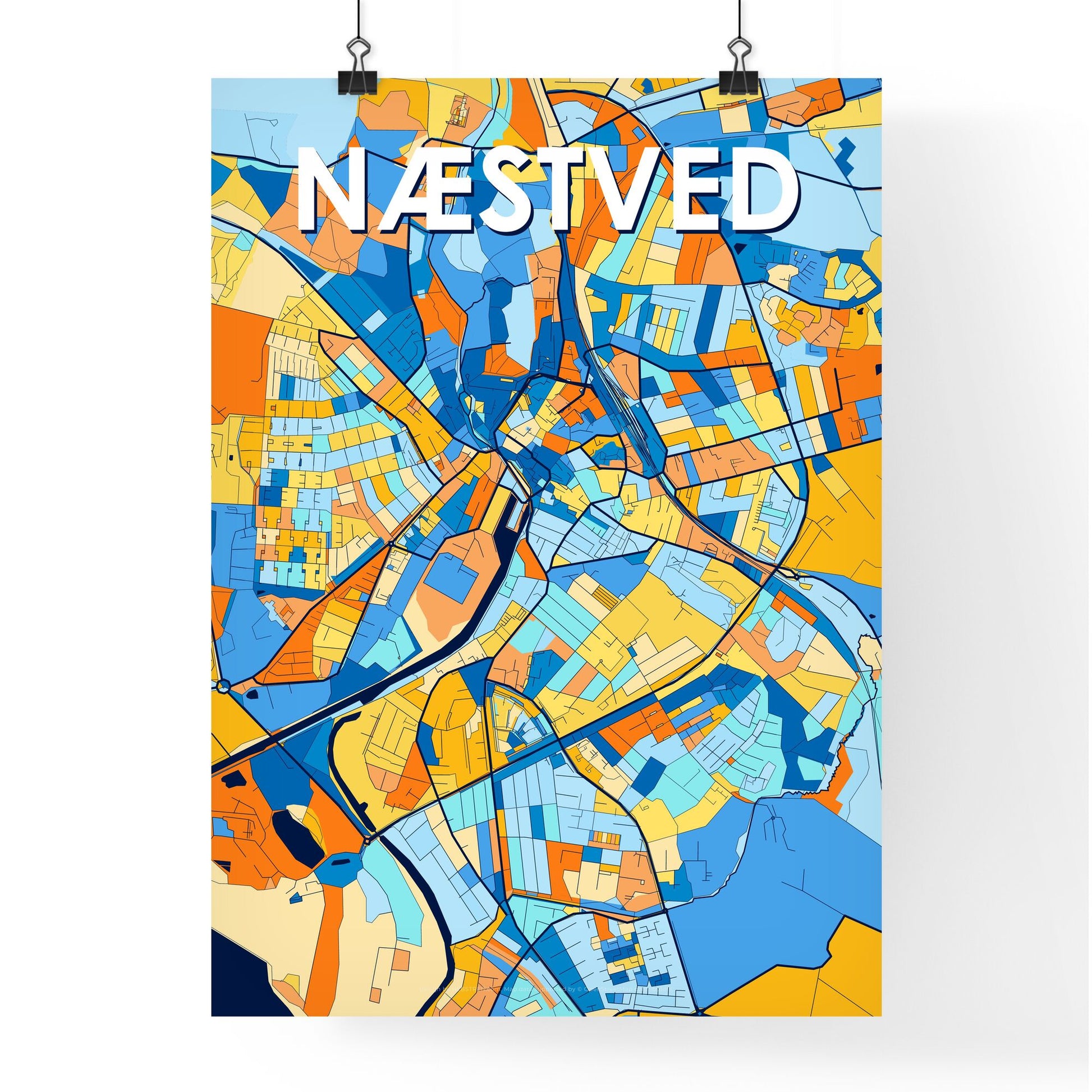 NÆSTVED DENMARK Vibrant Colorful Art Map Poster Blue Orange