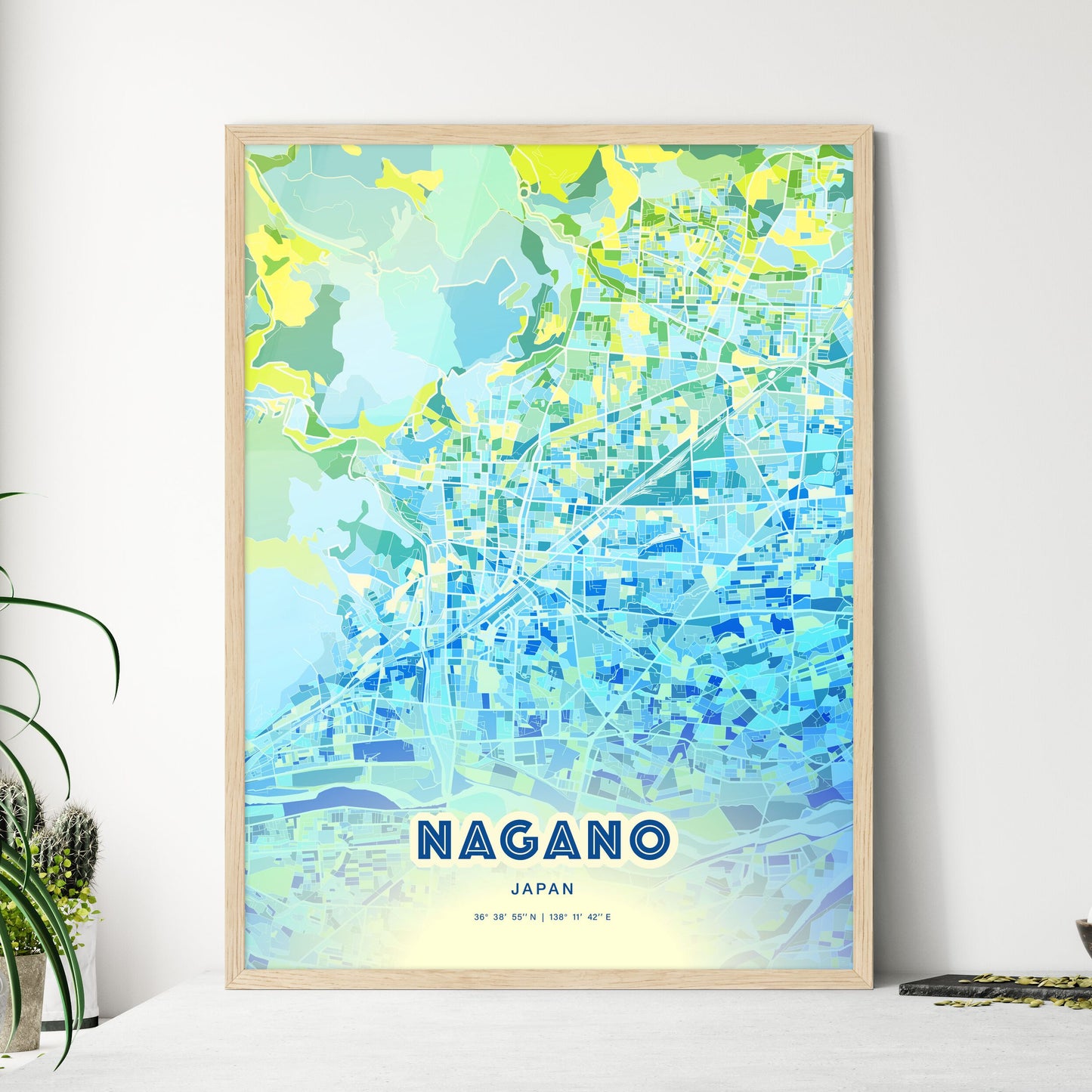 Colorful Nagano Japan Fine Art Map Cool Blue