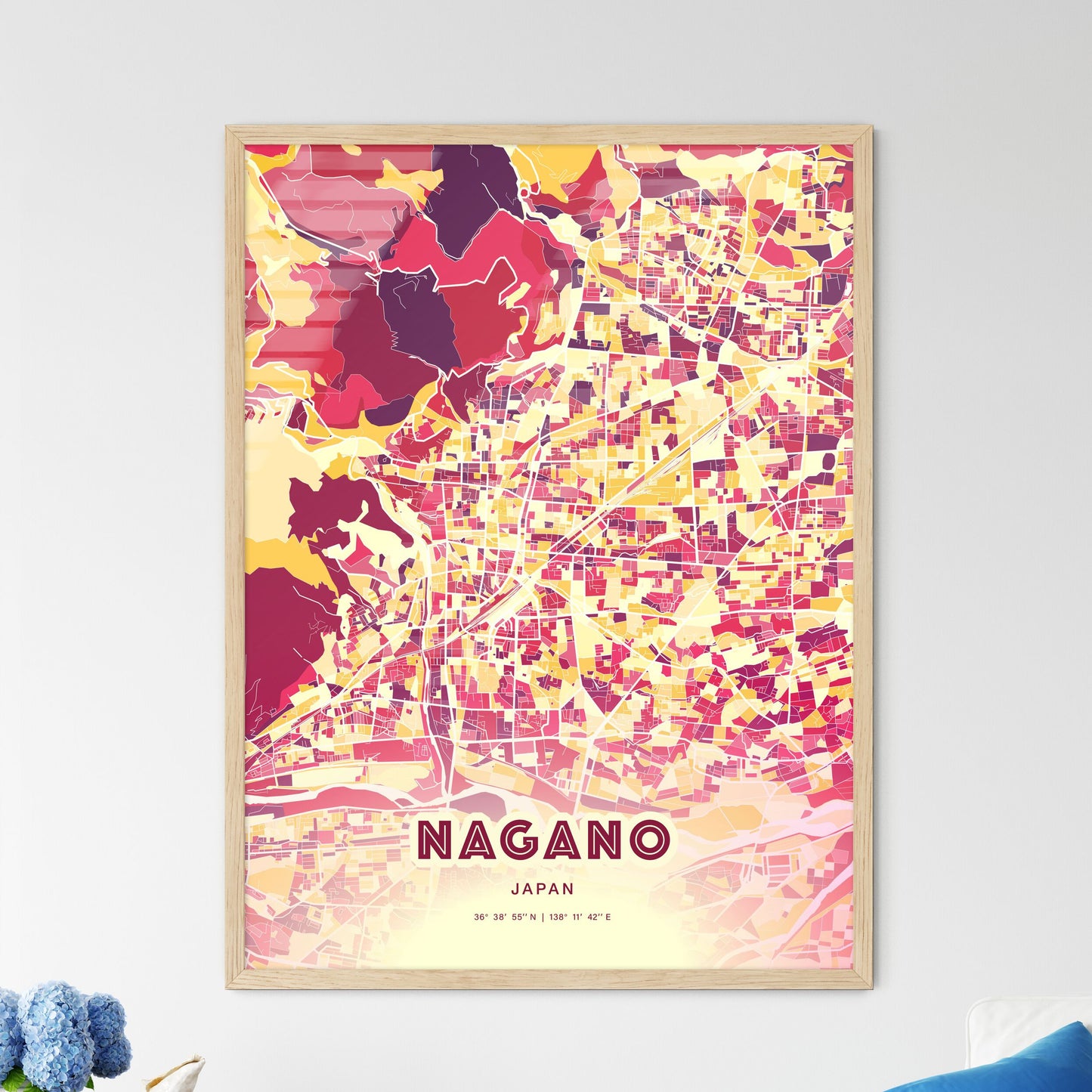 Colorful Nagano Japan Fine Art Map Hot Red