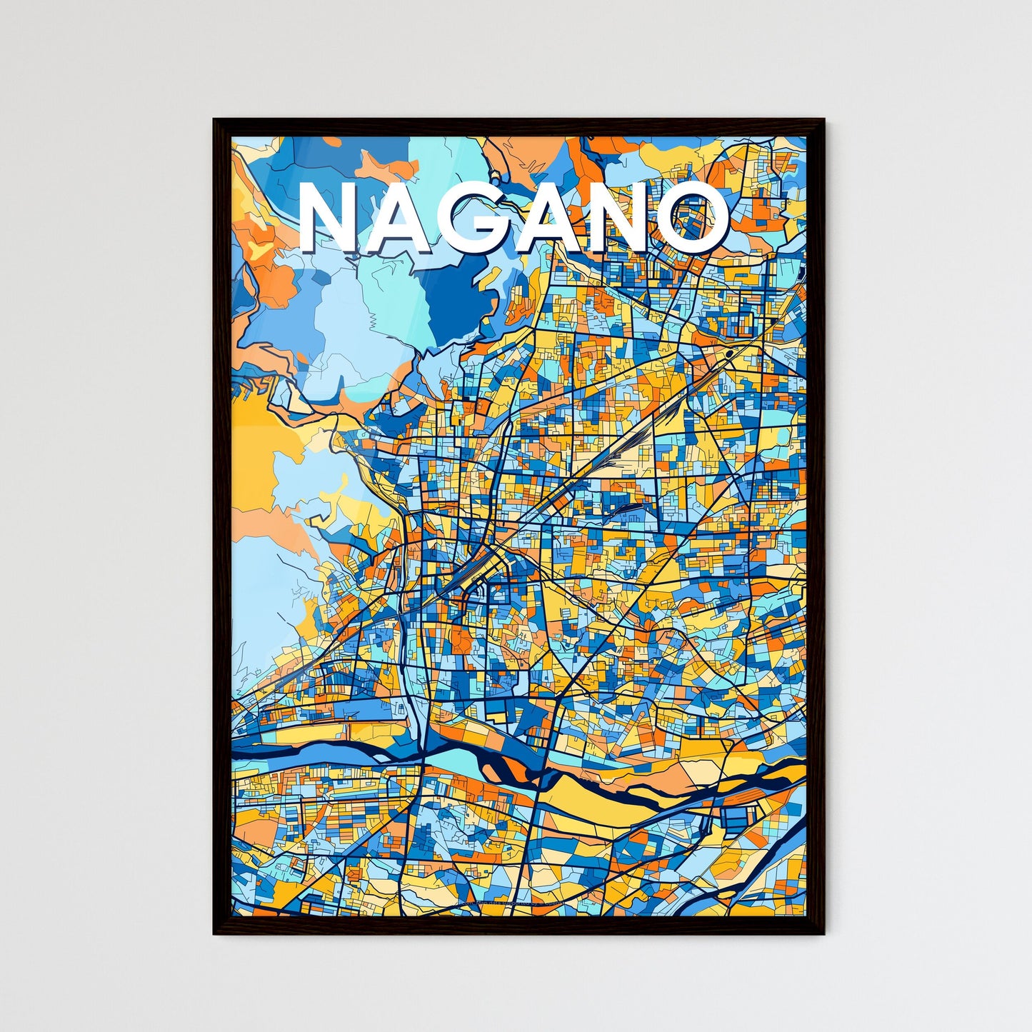 NAGANO JAPAN Vibrant Colorful Art Map Poster Blue Orange