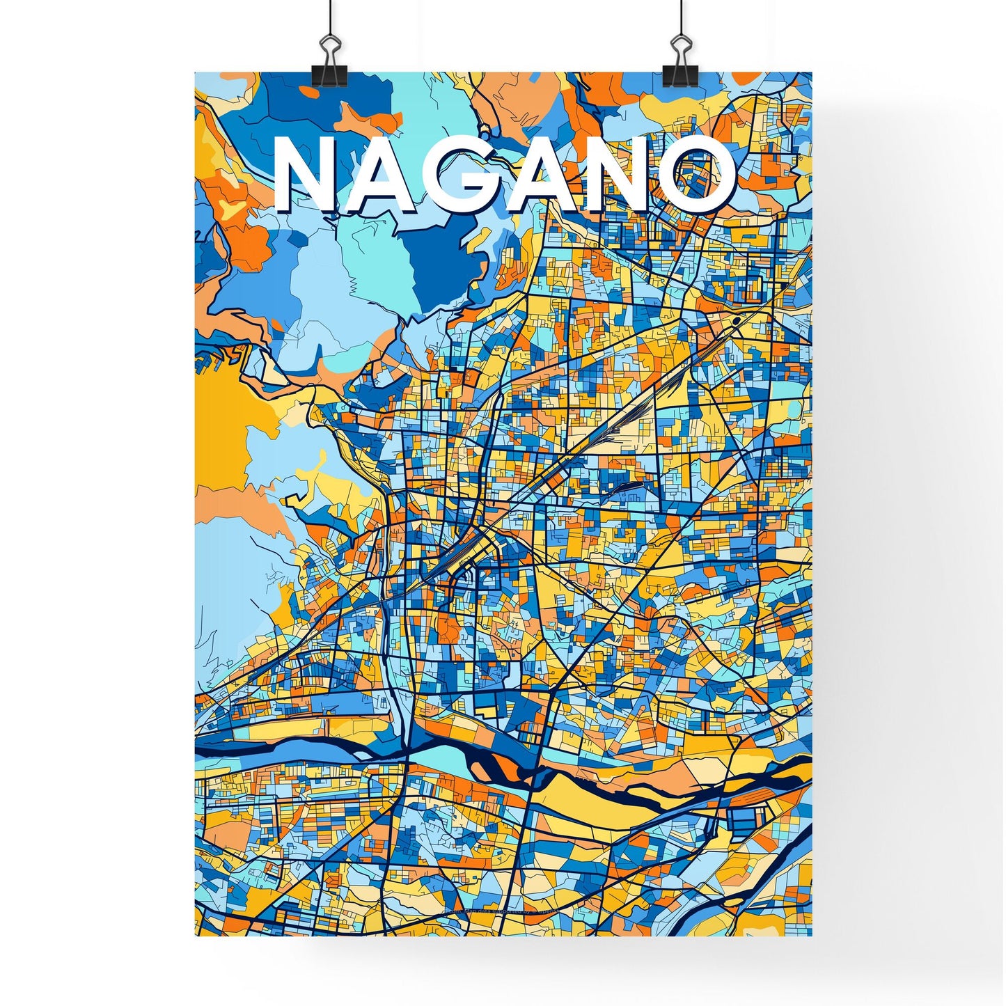 NAGANO JAPAN Vibrant Colorful Art Map Poster Blue Orange