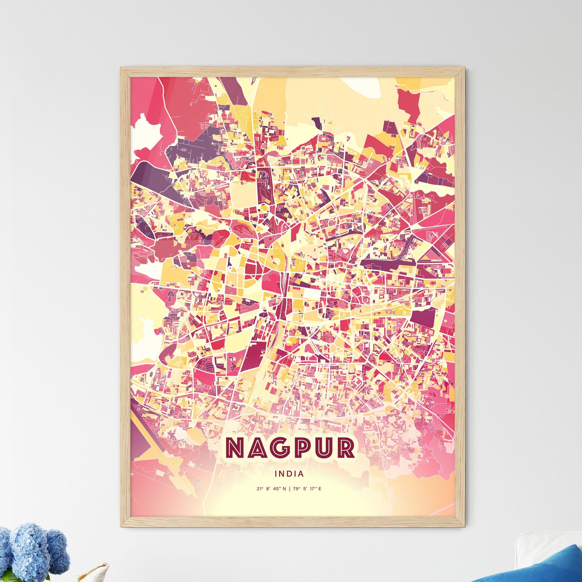 Colorful Nagpur India Fine Art Map Hot Red