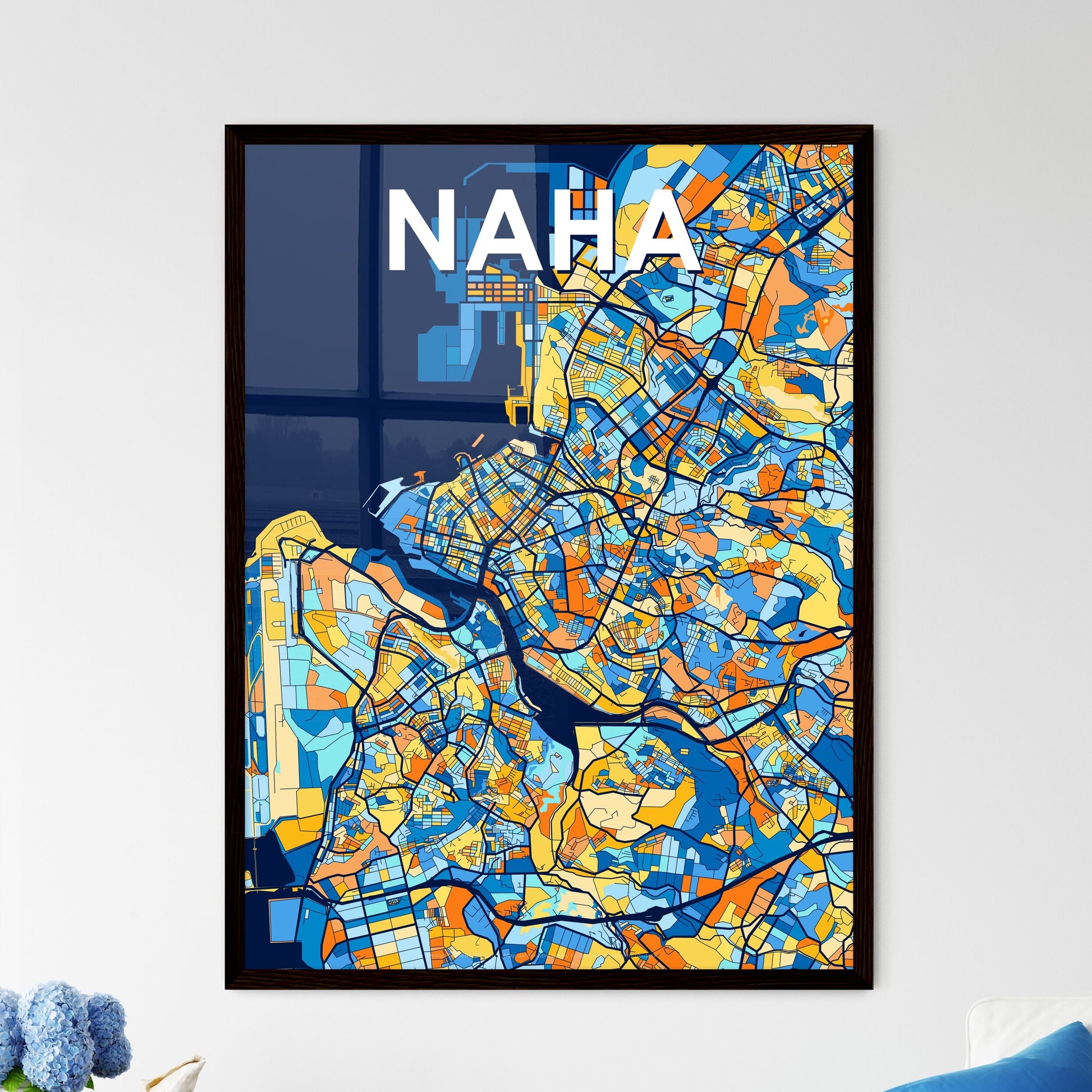 NAHA JAPAN Vibrant Colorful Art Map Poster Blue Orange