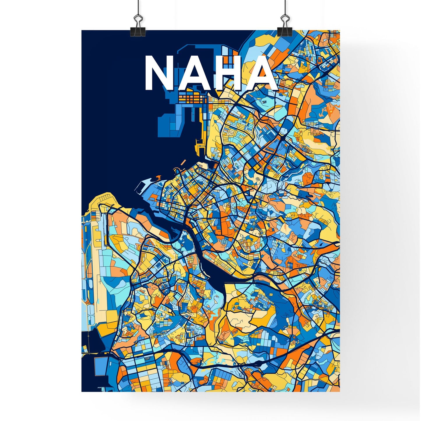 NAHA JAPAN Vibrant Colorful Art Map Poster Blue Orange