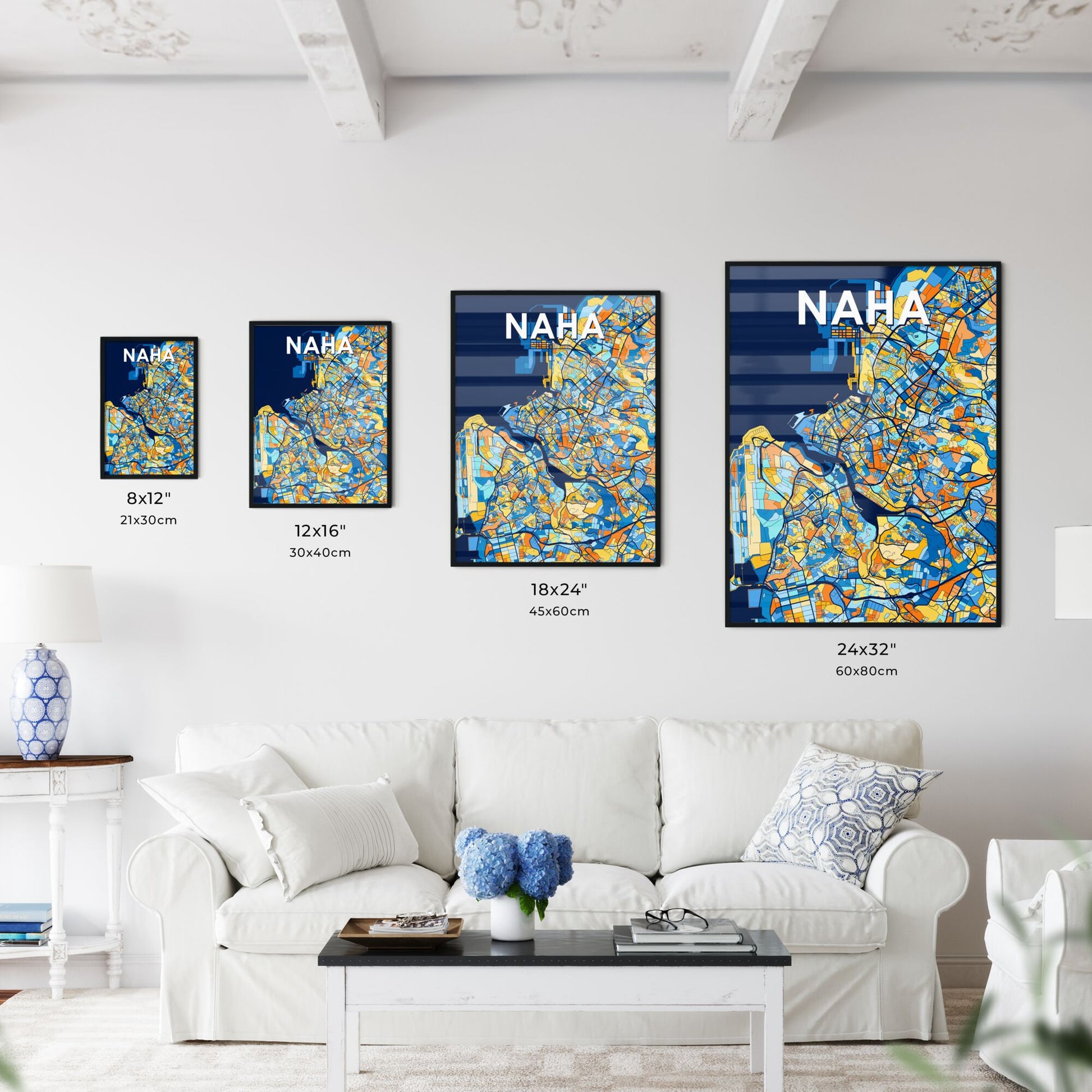 NAHA JAPAN Vibrant Colorful Art Map Poster Blue Orange