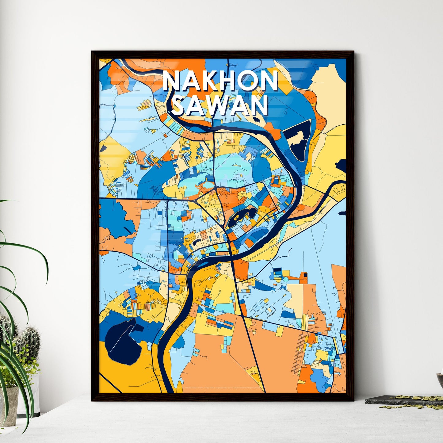 NAKHON SAWAN THAILAND Vibrant Colorful Art Map Poster Blue Orange