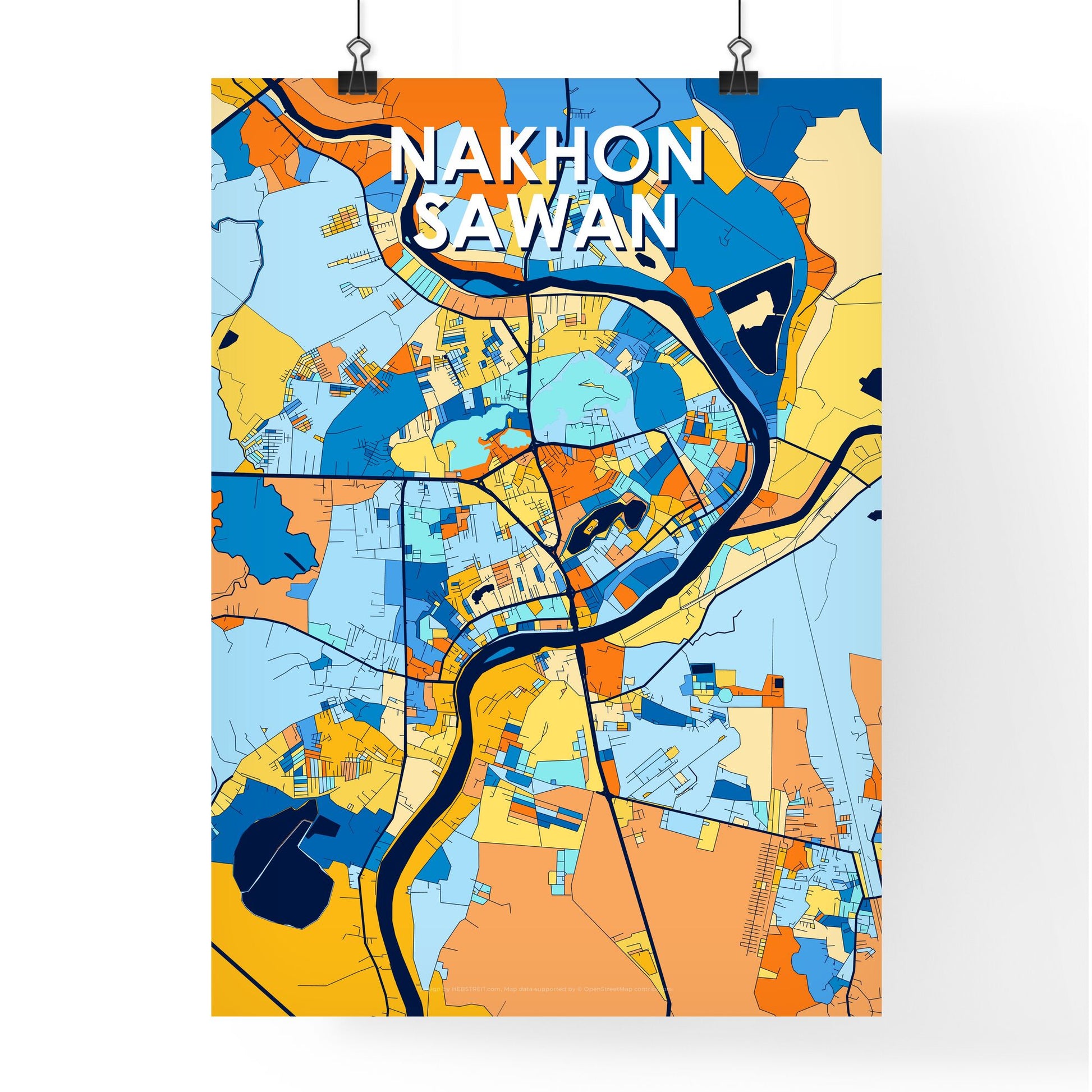 NAKHON SAWAN THAILAND Vibrant Colorful Art Map Poster Blue Orange