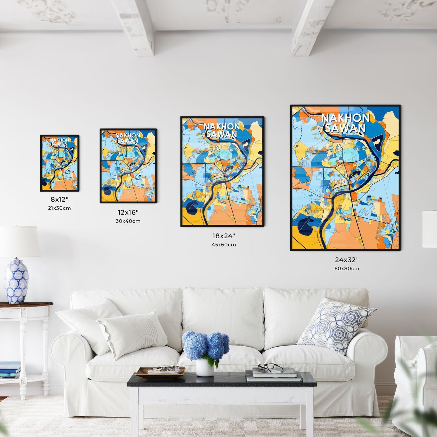 NAKHON SAWAN THAILAND Vibrant Colorful Art Map Poster Blue Orange