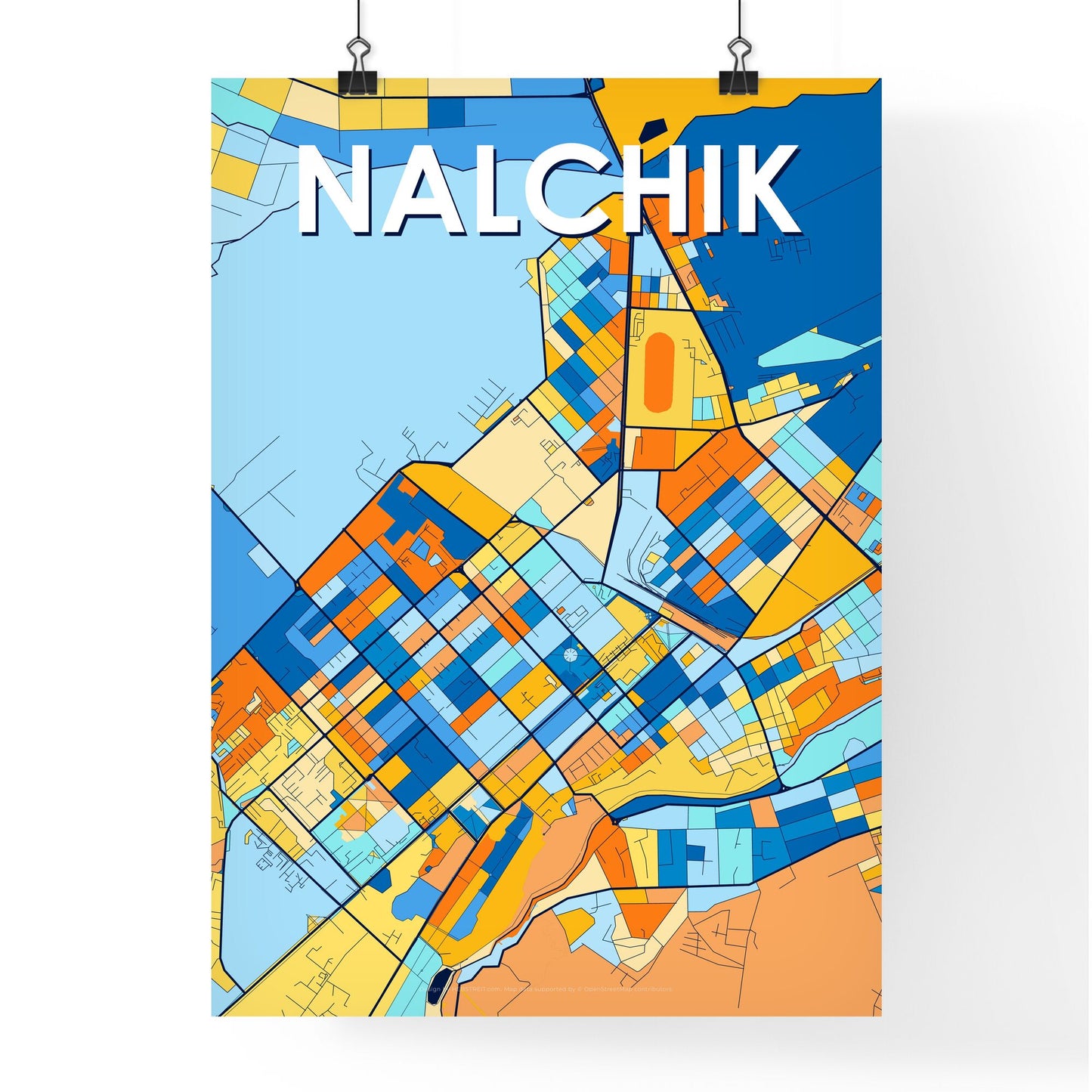 NALCHIK RUSSIA Vibrant Colorful Art Map Poster Blue Orange