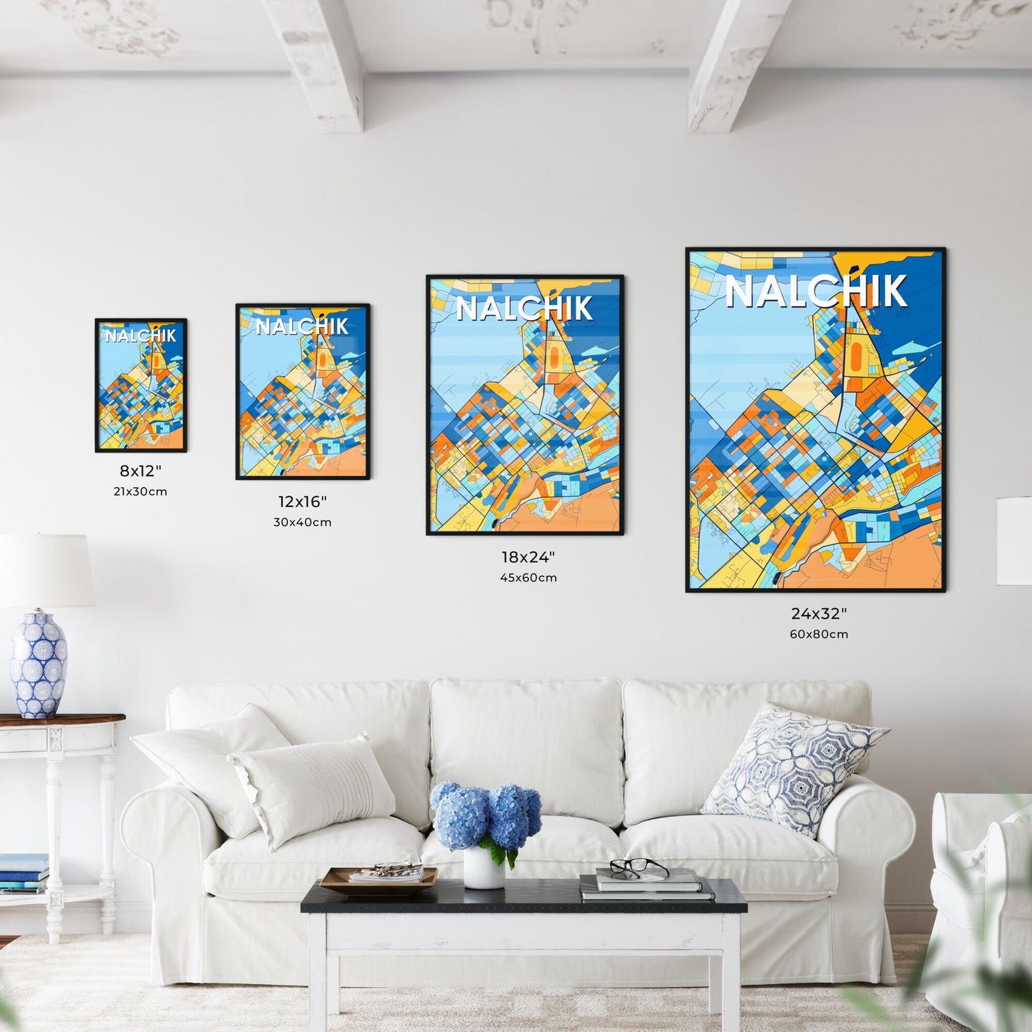 NALCHIK RUSSIA Vibrant Colorful Art Map Poster Blue Orange