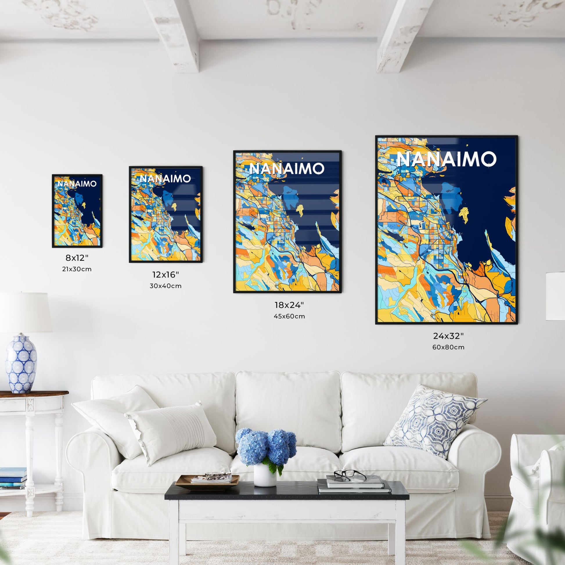 NANAIMO CANADA Vibrant Colorful Art Map Poster Blue Orange