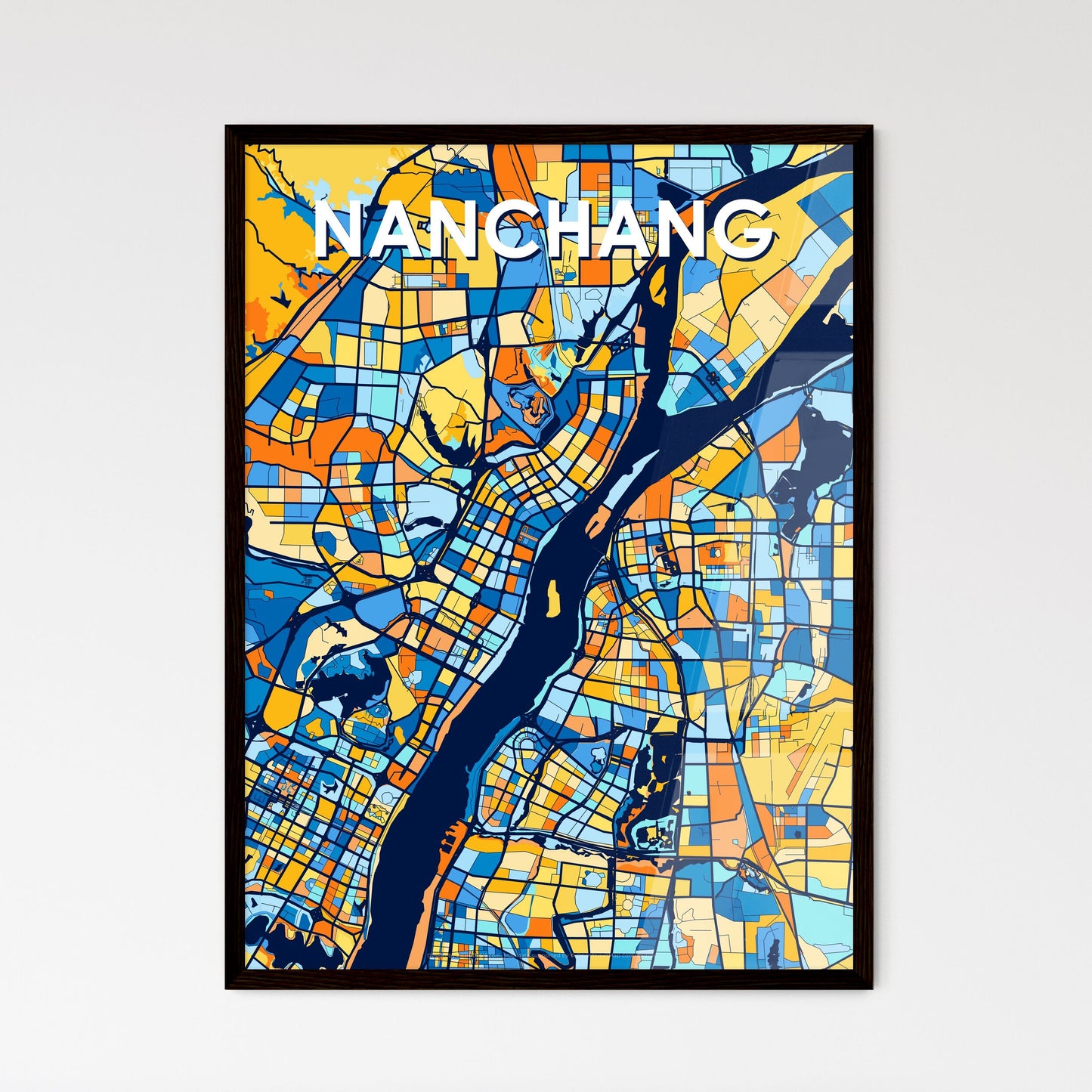 NANCHANG CHINA Vibrant Colorful Art Map Poster Blue Orange