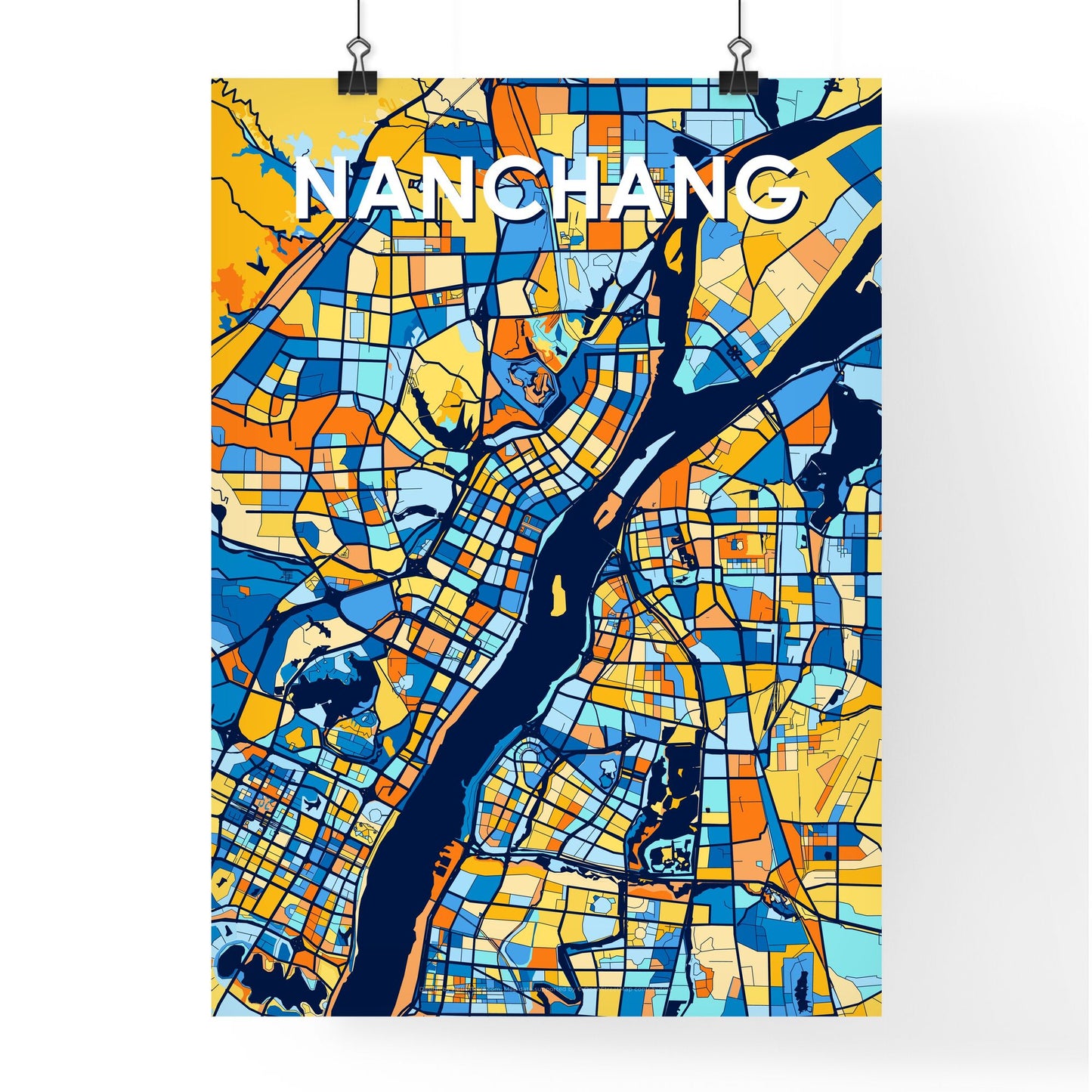 NANCHANG CHINA Vibrant Colorful Art Map Poster Blue Orange